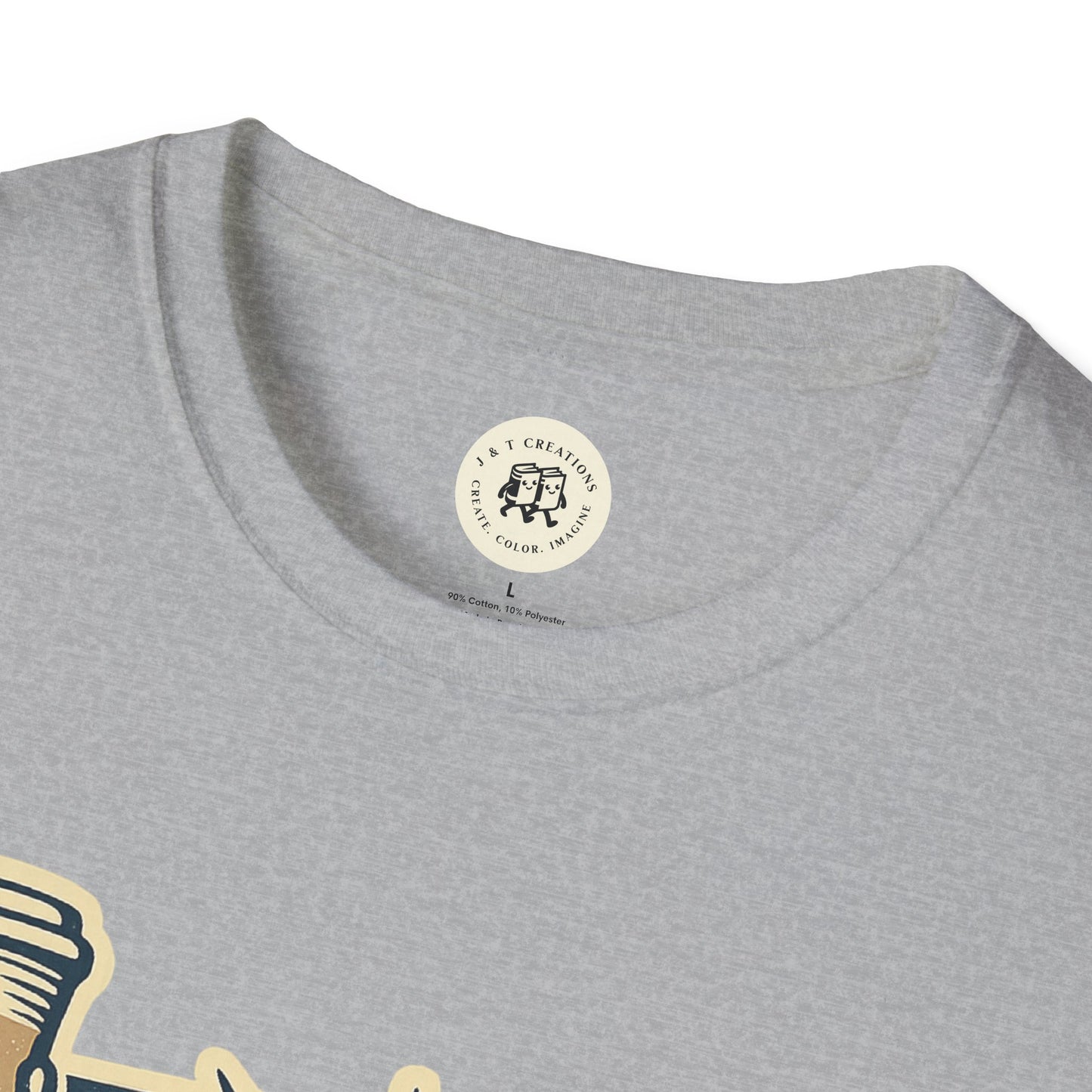 Close-up of grey Printify T-Shirt neckline featuring Independence Day coffee shirt design