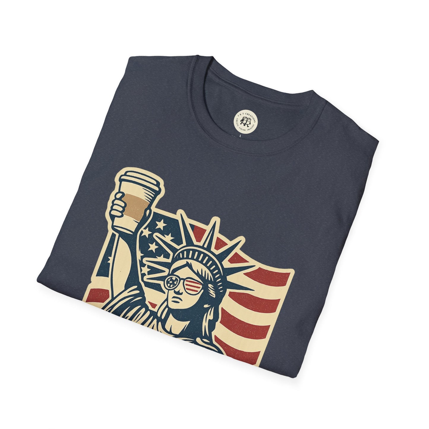 Navy Printify T-Shirt featuring Statue of Liberty with coffee cup and American flag Independence Day coffee shirt