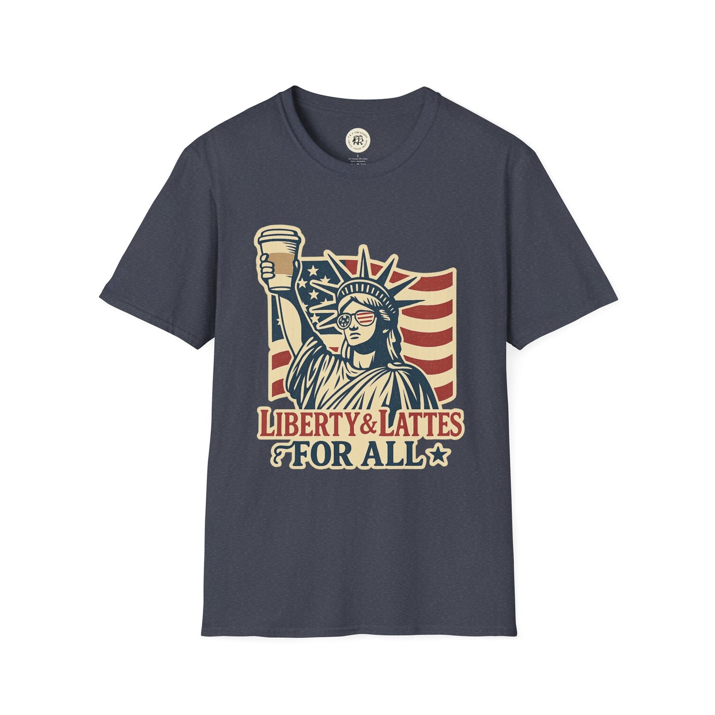 Printify navy T-shirt featuring Statue of Liberty holding coffee cup with American flag and Independence Day coffee shirt text