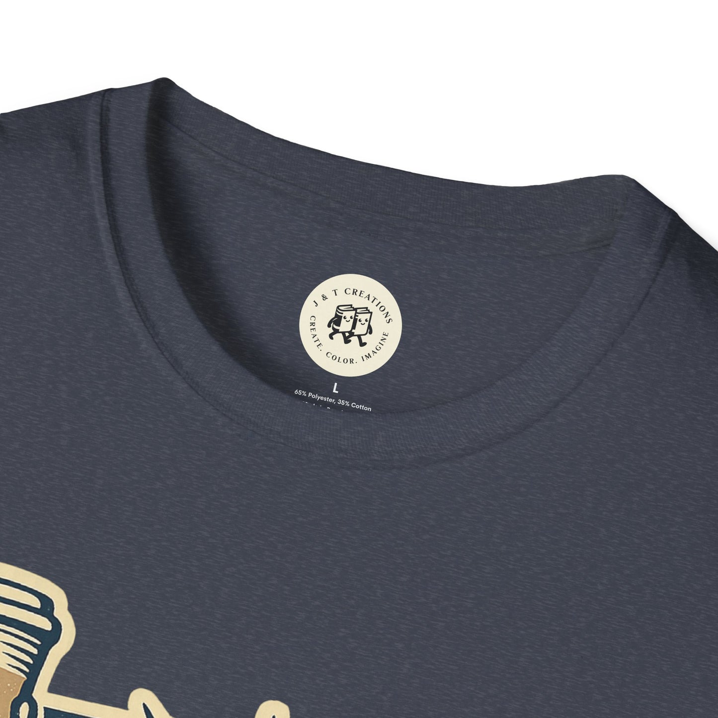 Close-up of navy blue Printify T-Shirt collar featuring Independence Day coffee shirt design
