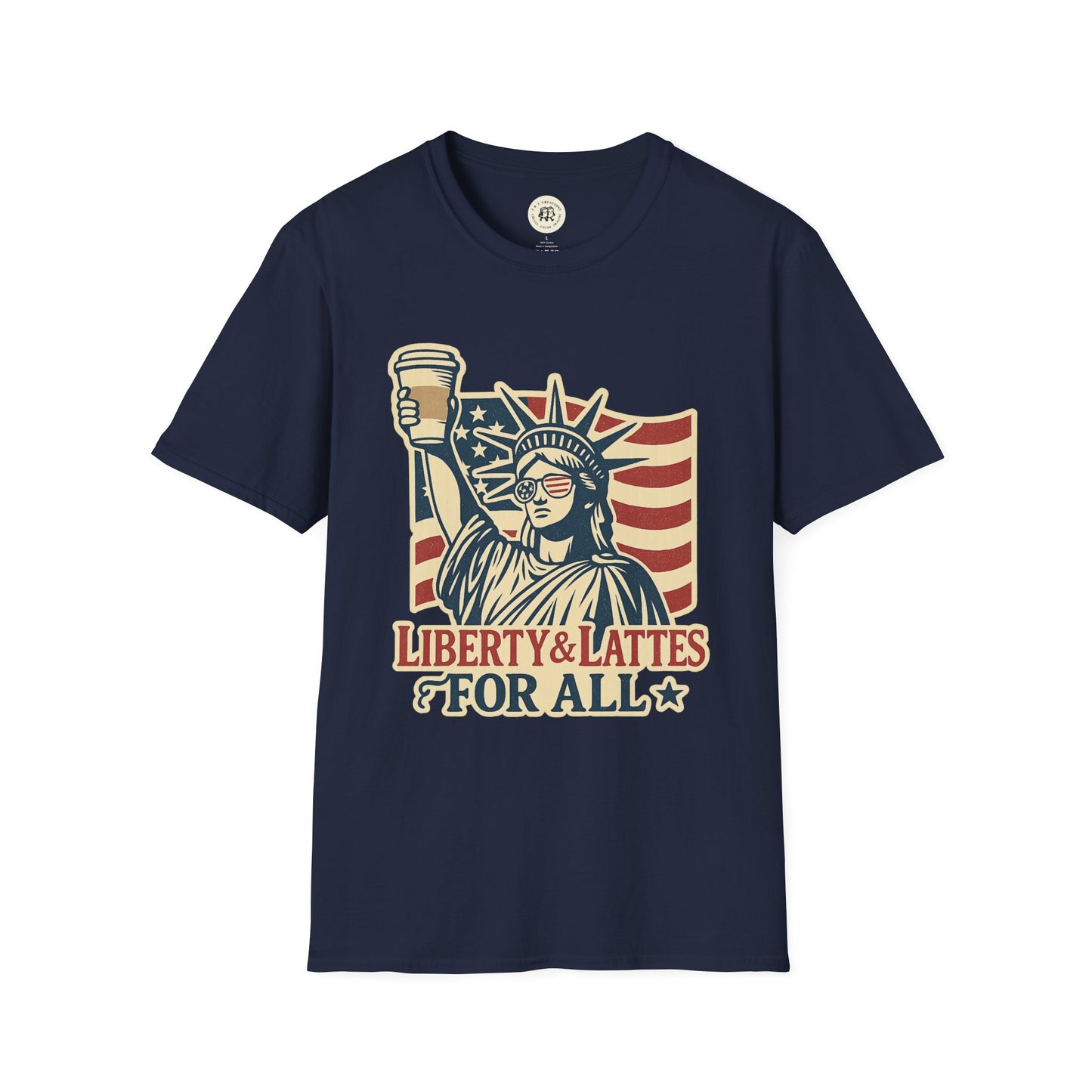 Printify navy blue Independence Day coffee shirt with Statue of Liberty holding a coffee cup design