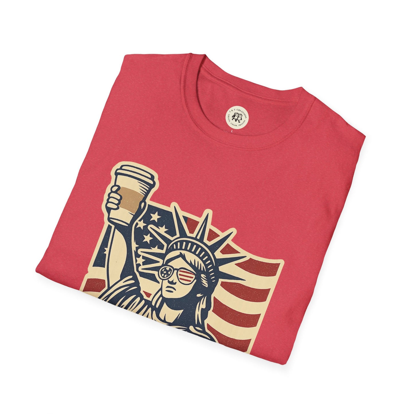 Red Printify T-shirt featuring Statue of Liberty holding coffee cup with American flag background Independence Day coffee shirt