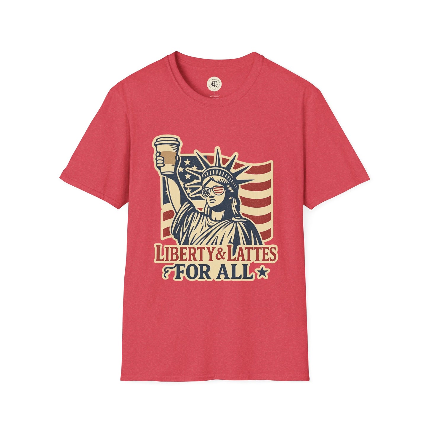 Red T-shirt by Printify featuring Statue of Liberty holding coffee cup with American flag background Independence Day coffee shirt