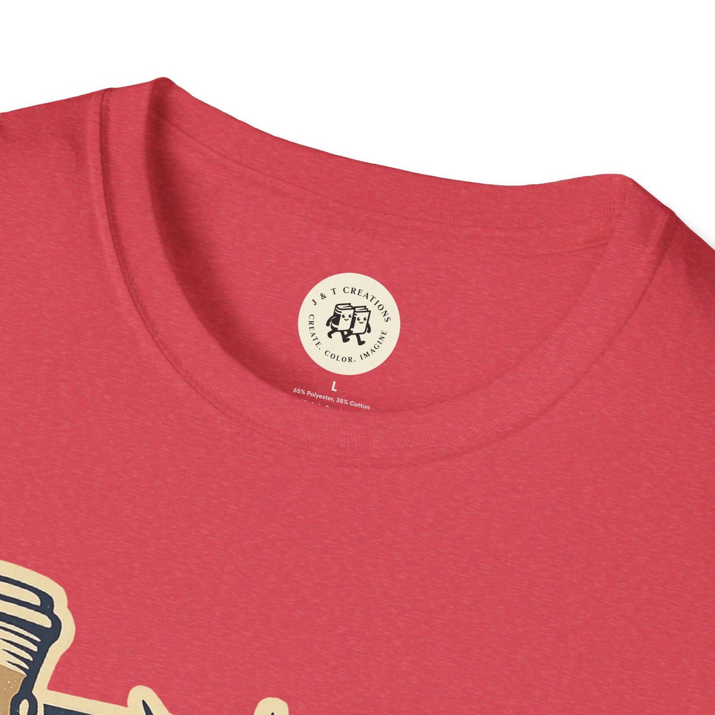 Red Printify T-Shirt close-up showing collar and partial Independence Day coffee shirt design