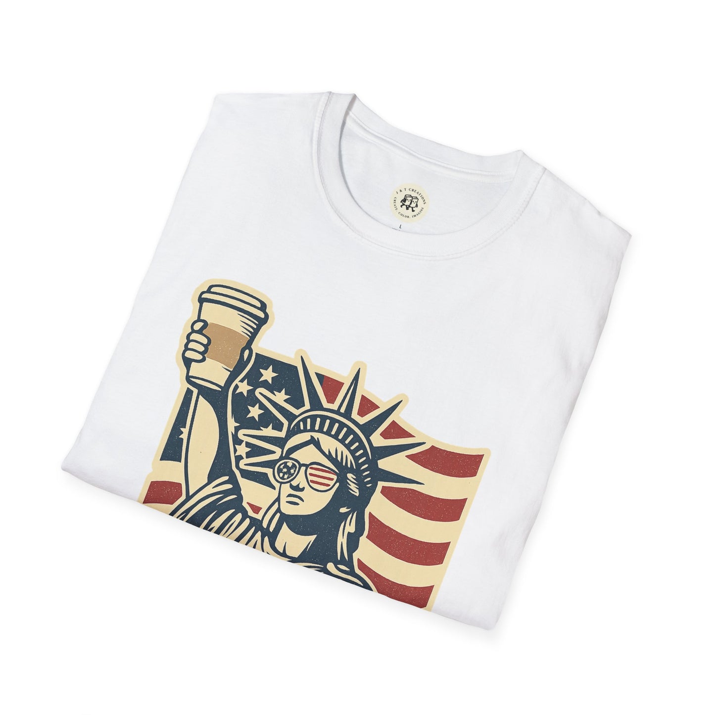 Printify white T-shirt featuring Statue of Liberty holding coffee with American flag background Independence Day coffee shirt