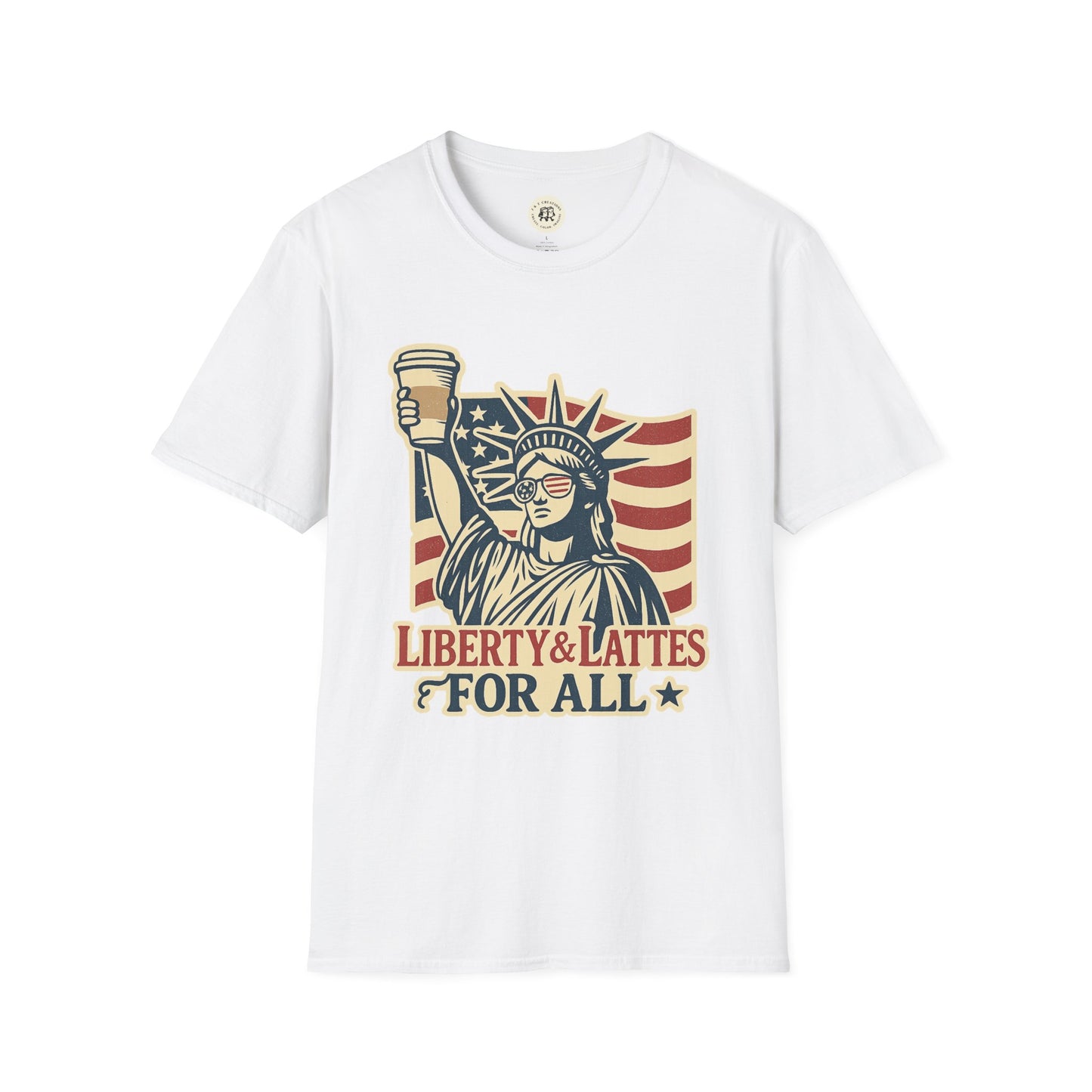 White Printify T-Shirt with Statue of Liberty holding coffee cup and Liberty and Lattes for All design Independence Day coffee shirt