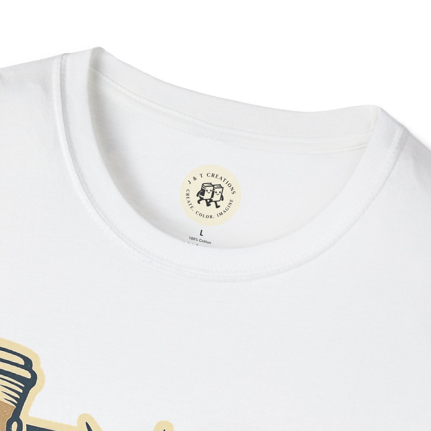 White Printify T-Shirt featuring a partial Independence Day coffee shirt design with round neckline