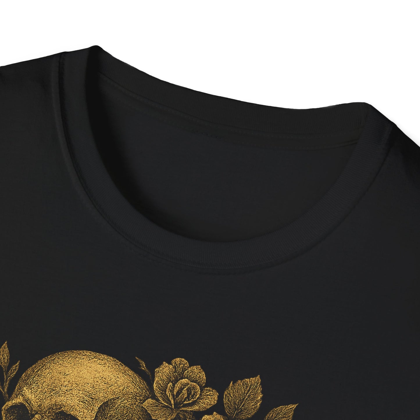 Printify black t shirt showing neckline and gold skull with roses chest print eternal love skull t-shirt