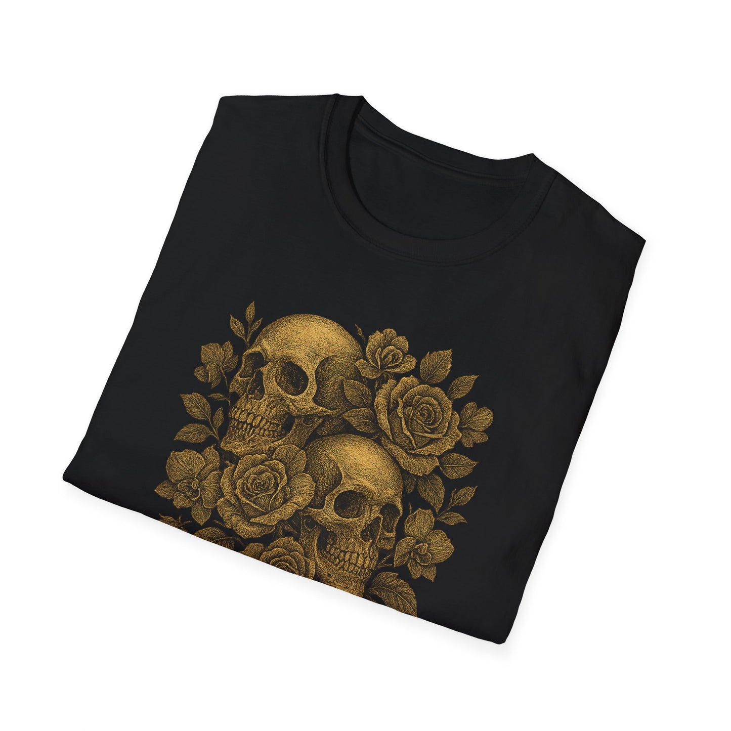 Printify black folded eternal love skull t-shirt with gold twin skulls and roses graphic