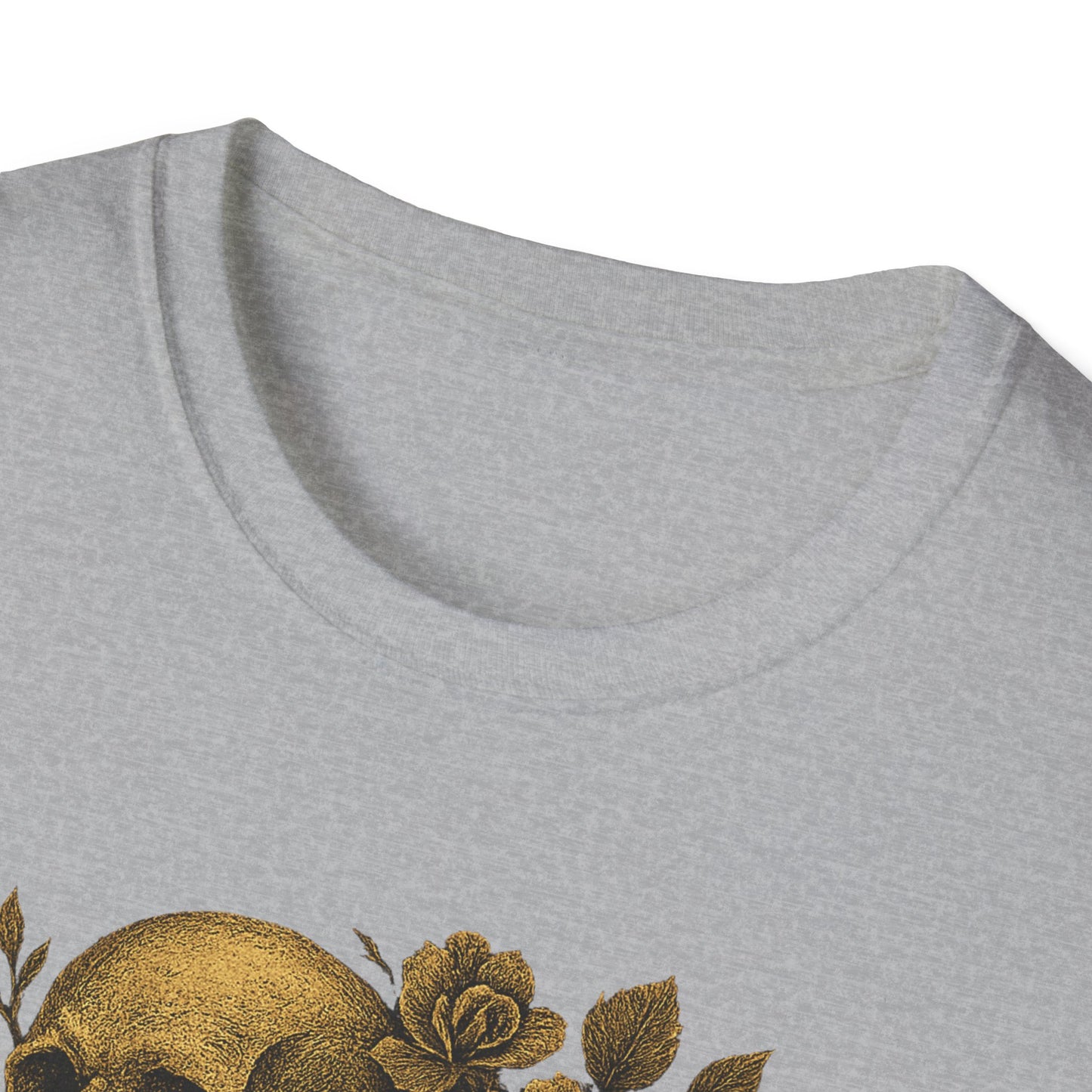 Printify light gray t shirt with gold floral skull print showing neckline and partial design eternal love skull t-shirt