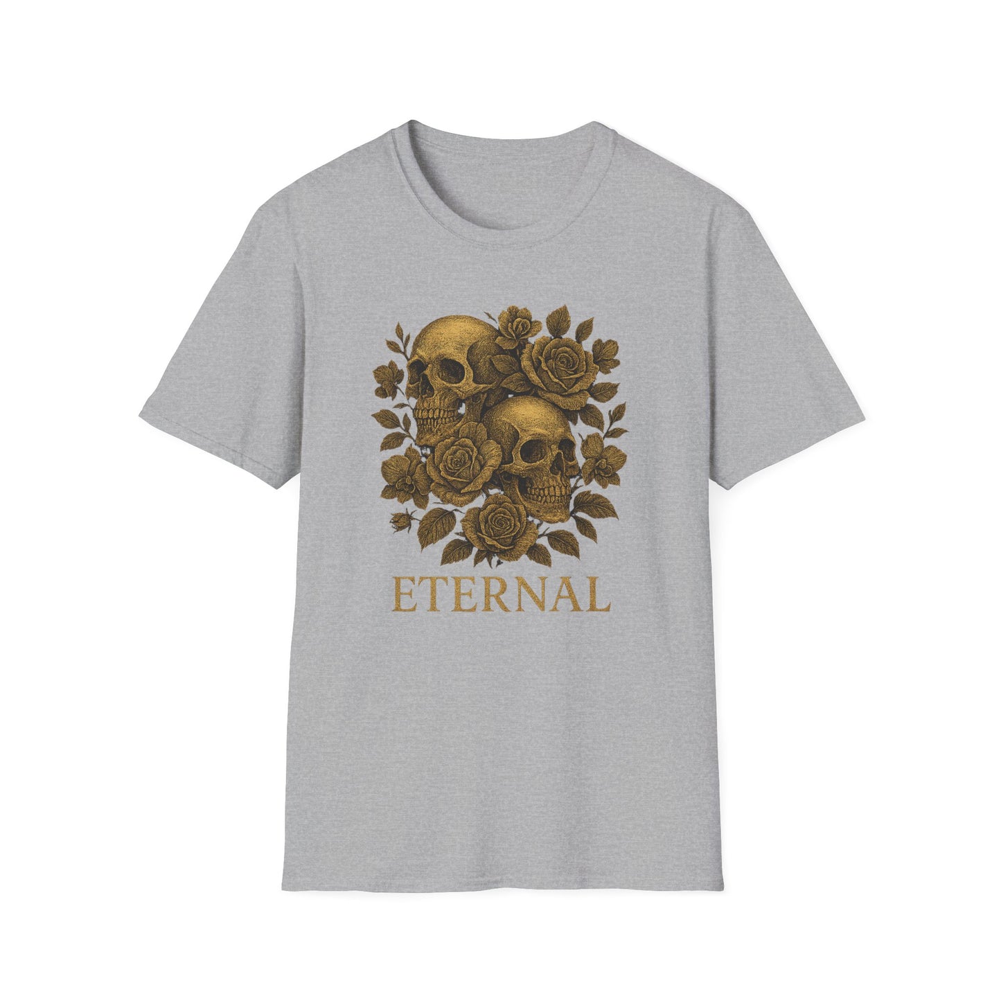 Printify gray T shirt with gold skulls and roses and ETERNAL text vintage graphic eternal love skull t-shirt
