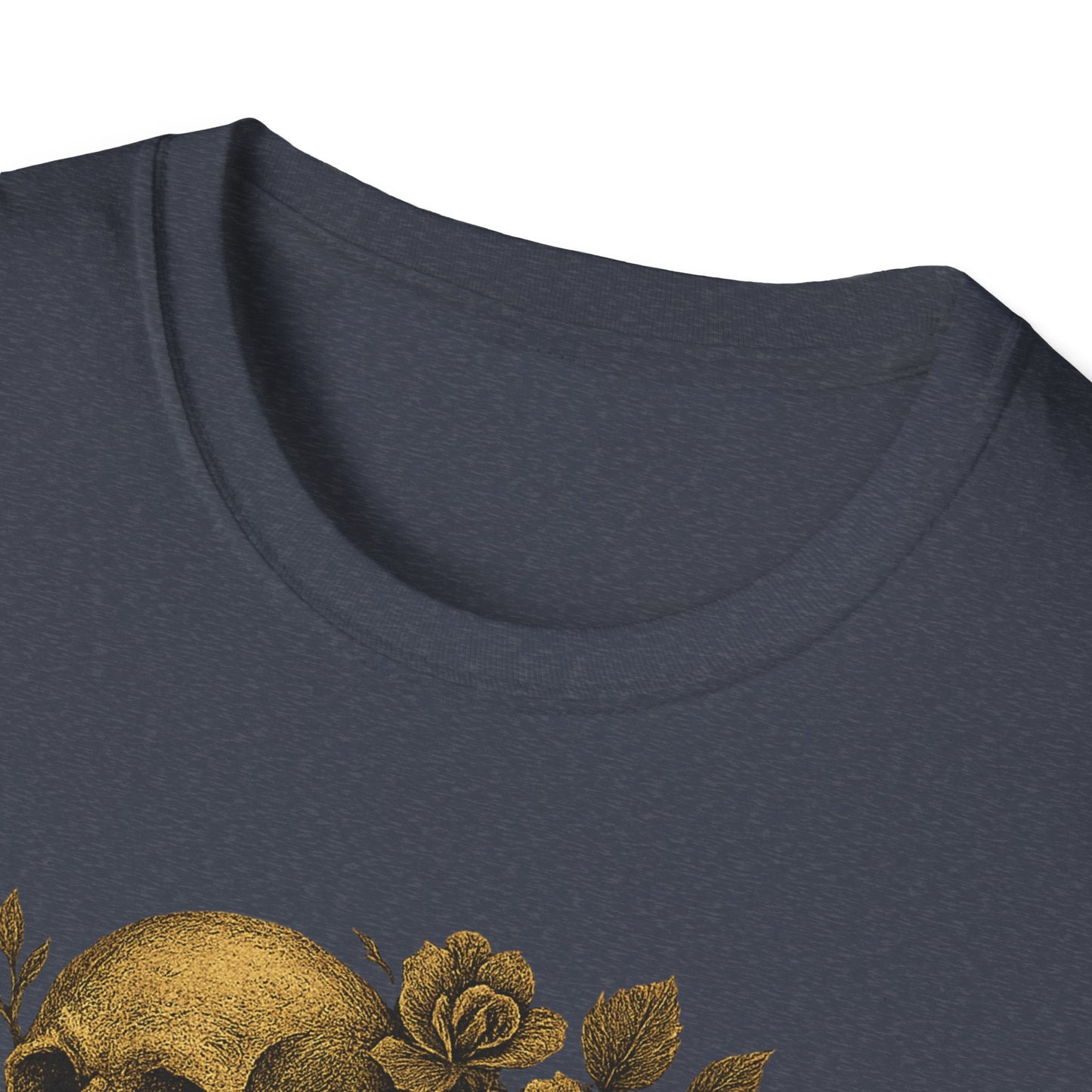 Printify dark gray crew neck T shirt with gold skull and rose floral artwork close up eternal love skull t-shirt