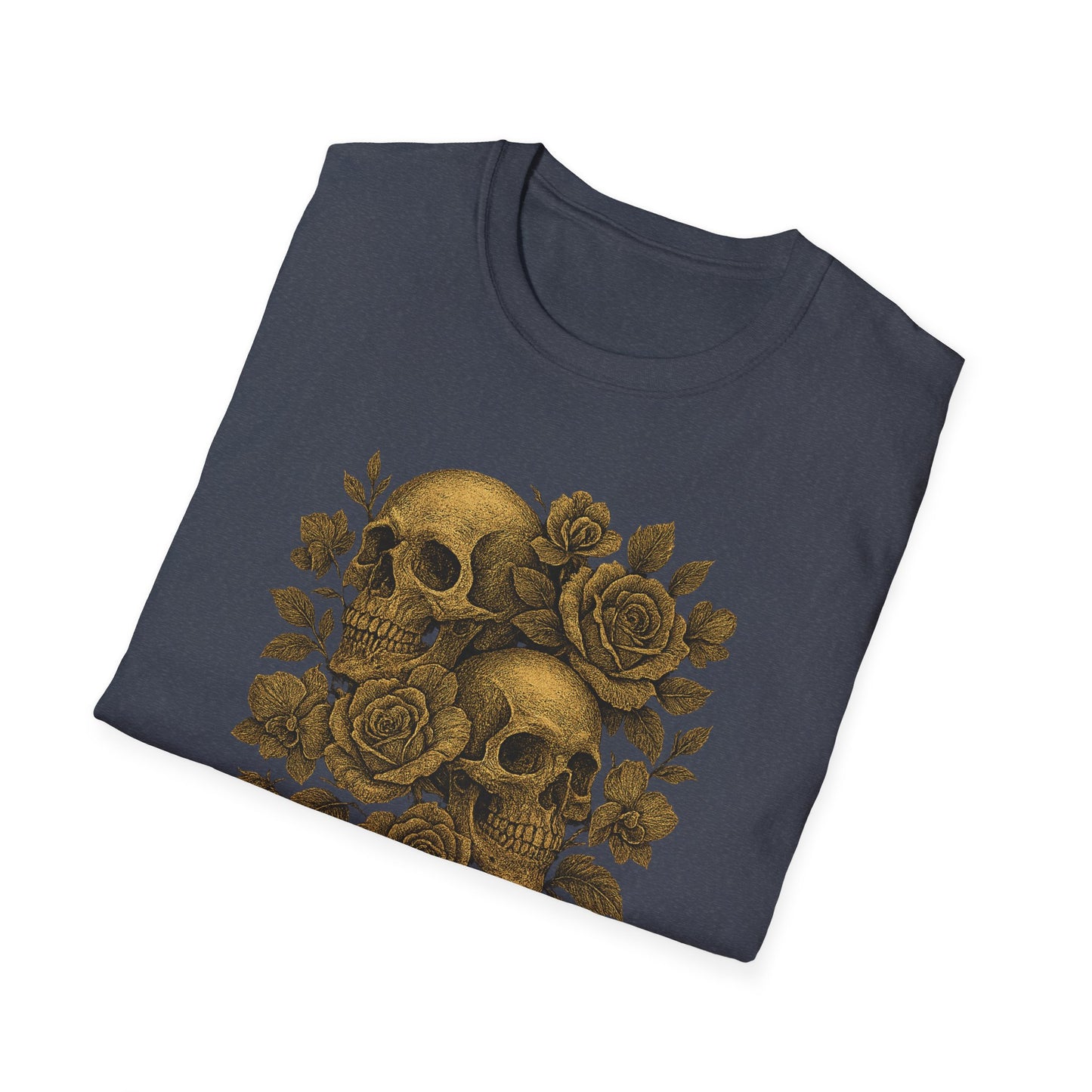 Printify folded charcoal t-shirt with gold twin skulls and roses print eternal love skull t-shirt for gothic fashion
