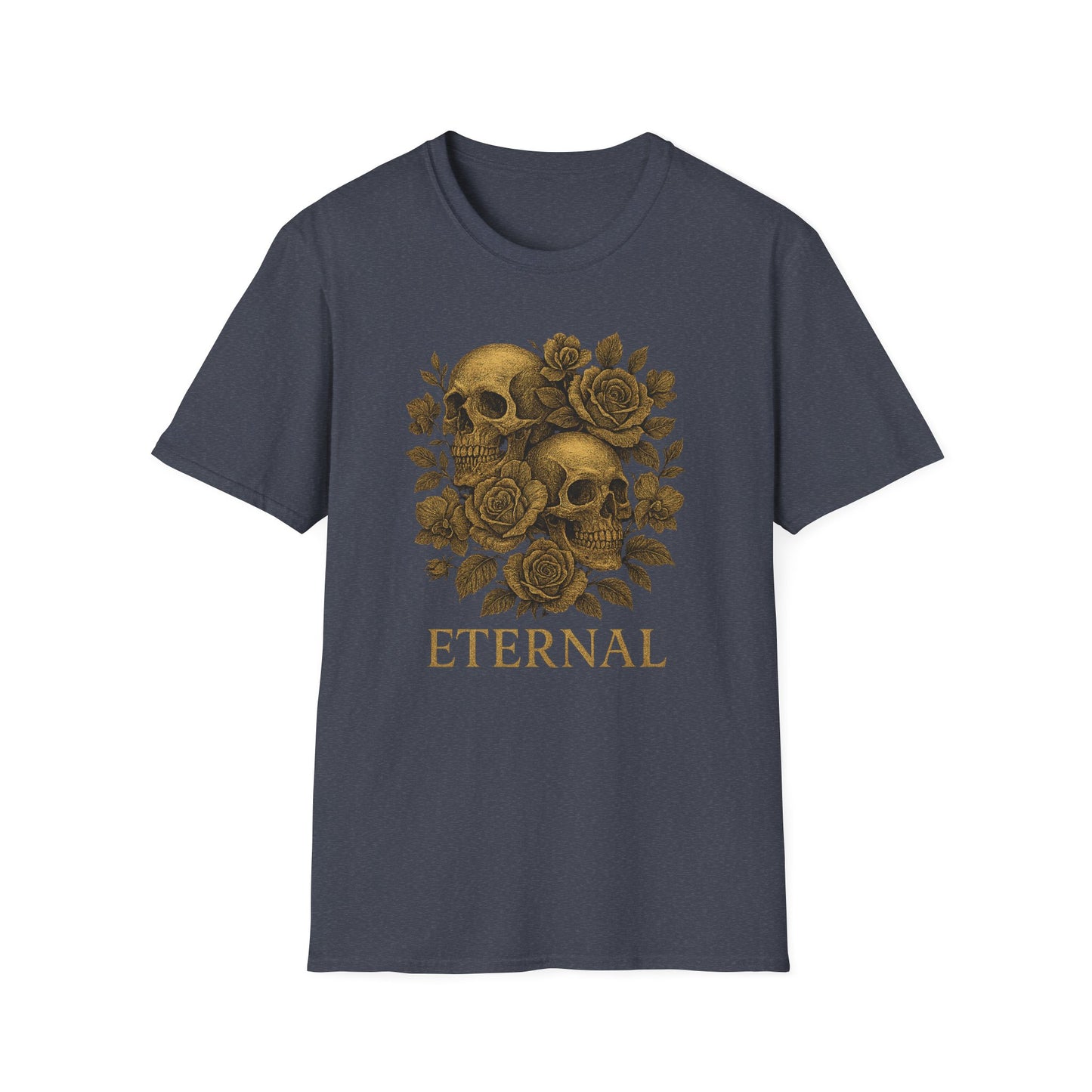 Printify dark navy crew neck eternal love skull t-shirt featuring gold skulls and roses with ETERNAL text