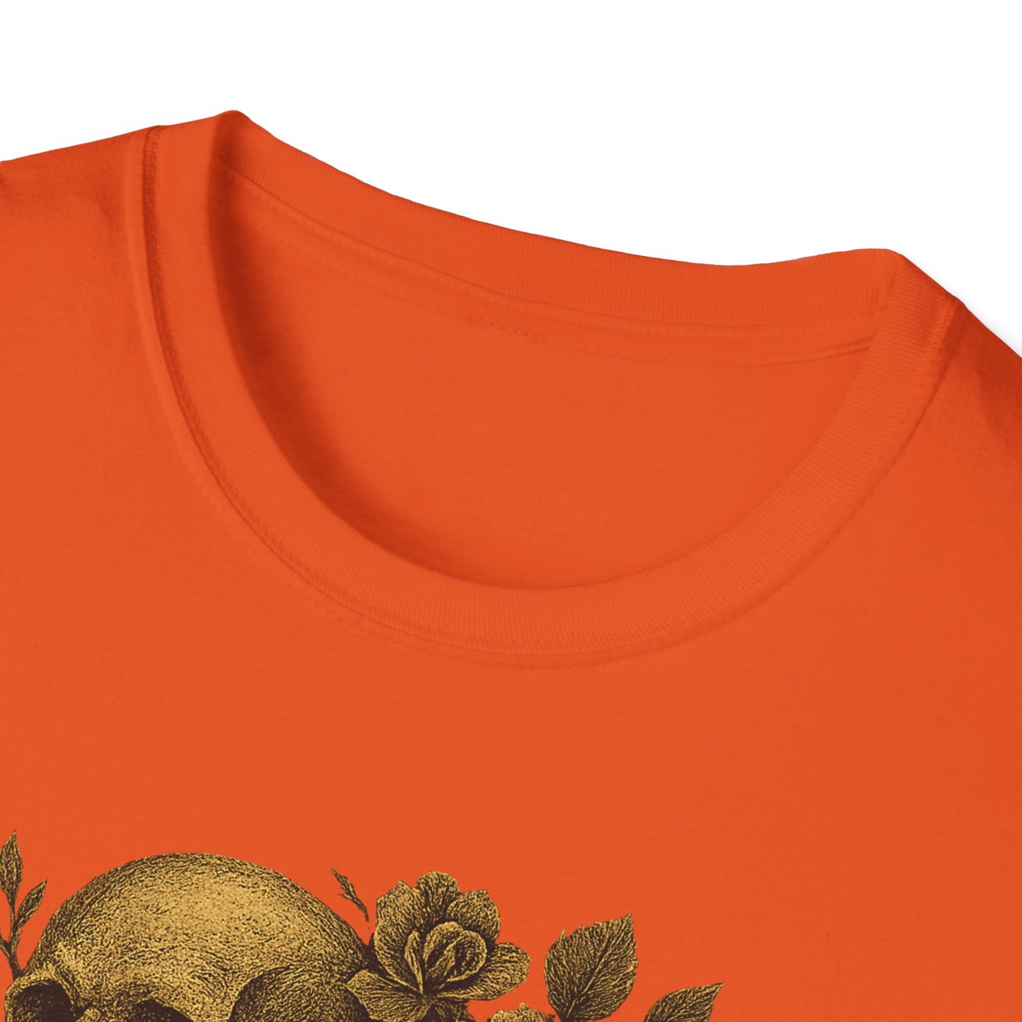 Printify orange crewneck T-shirt close up showing gold floral skull print on chest eternal love skull t-shirt