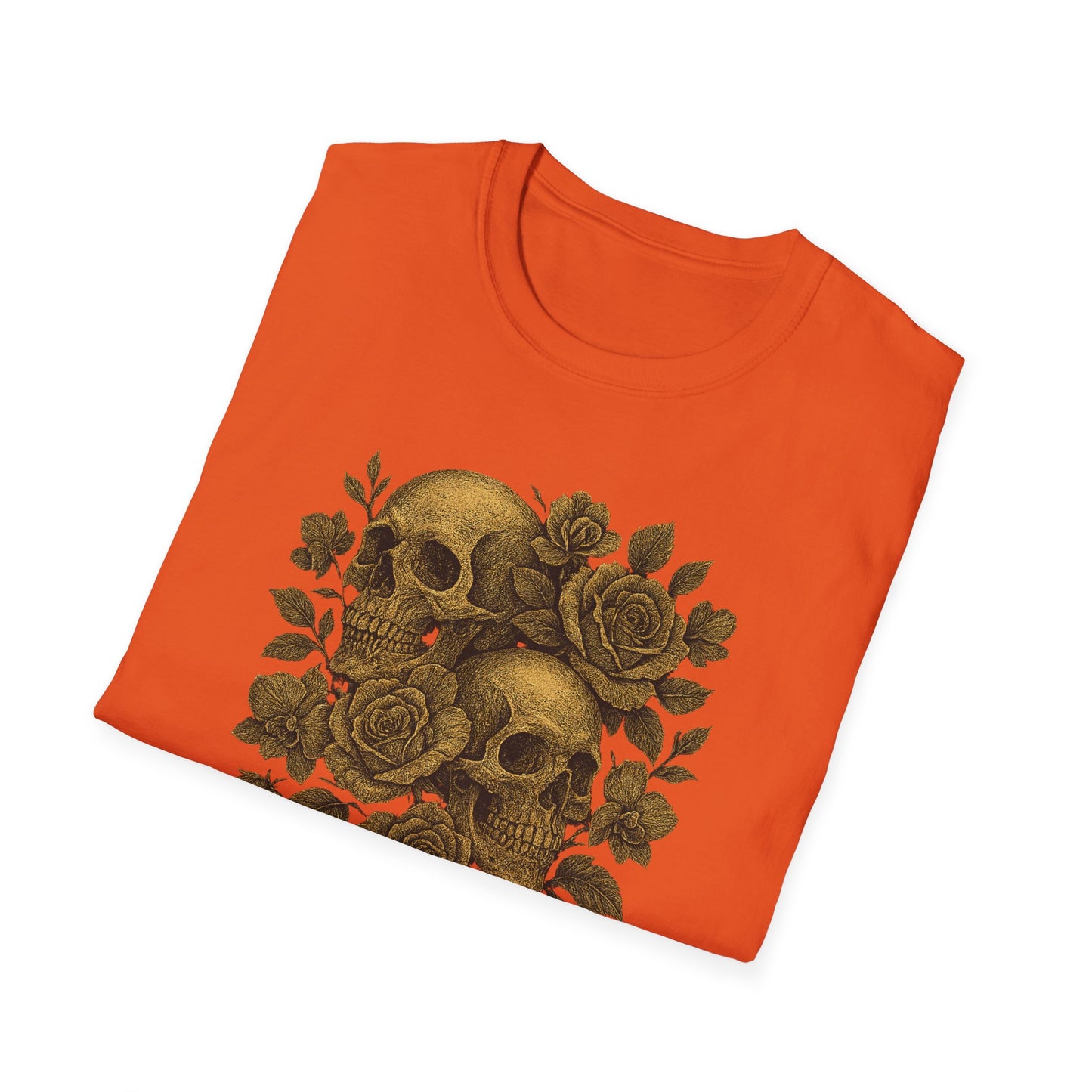 Printify orange folded eternal love skull t-shirt featuring vintage twin skulls surrounded by roses