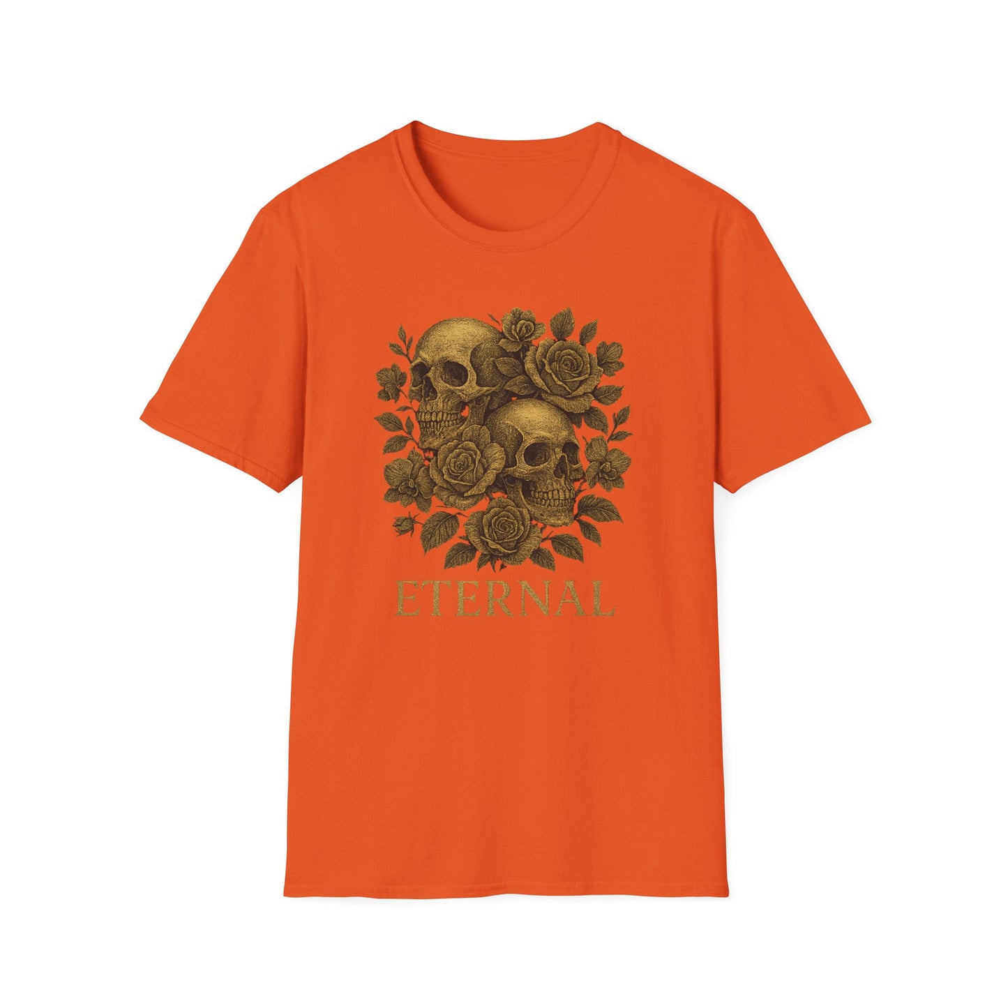 Printify orange T shirt with two vintage skulls and roses and ETERNAL text design eternal love skull t-shirt