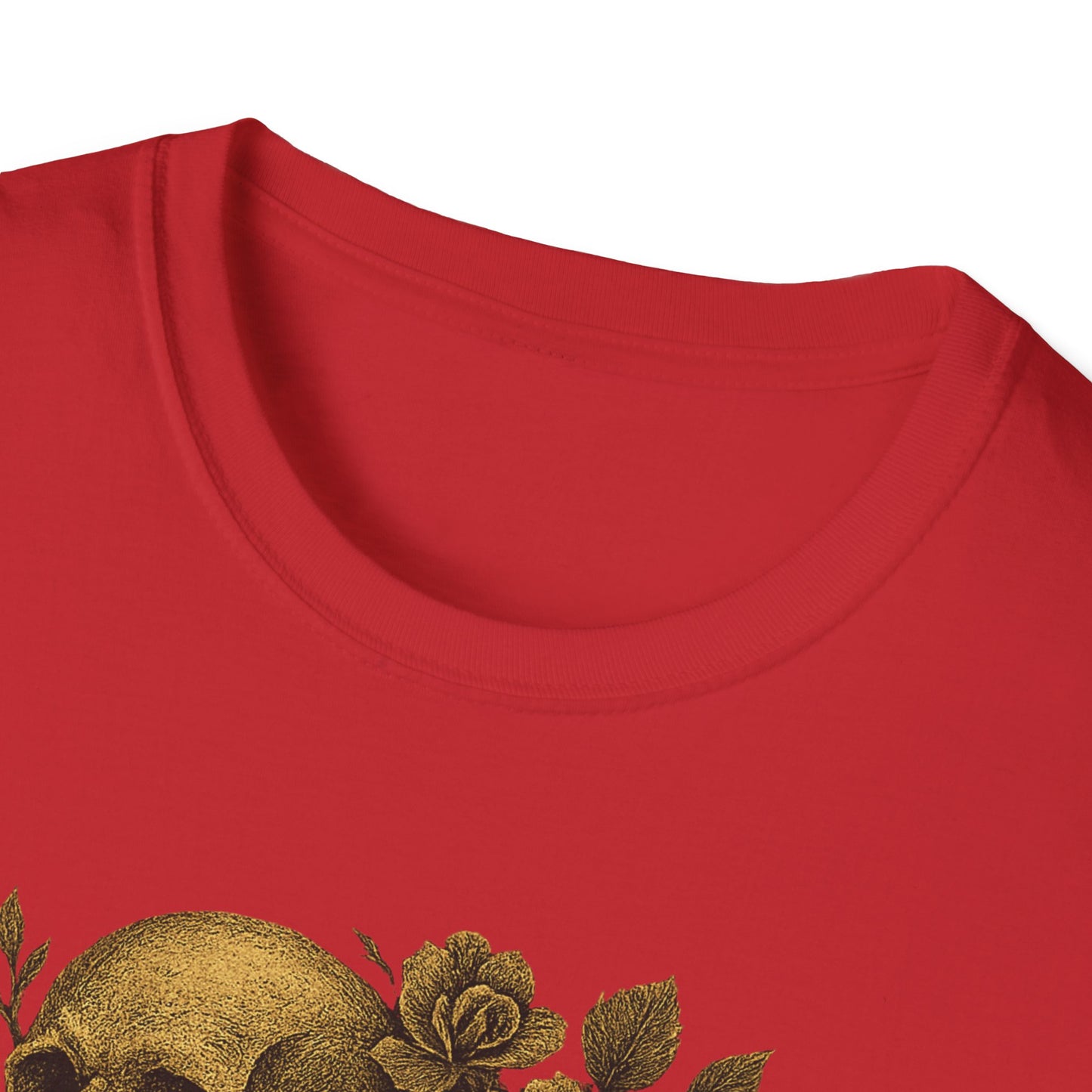 Printify red crewneck T shirt with gold skull and rose graphic closeup showcasing design for eternal love skull t-shirt