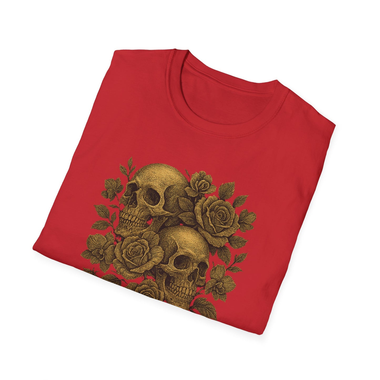 Printify red folded eternal love skull t-shirt featuring two gold skulls with vintage roses and leaves design