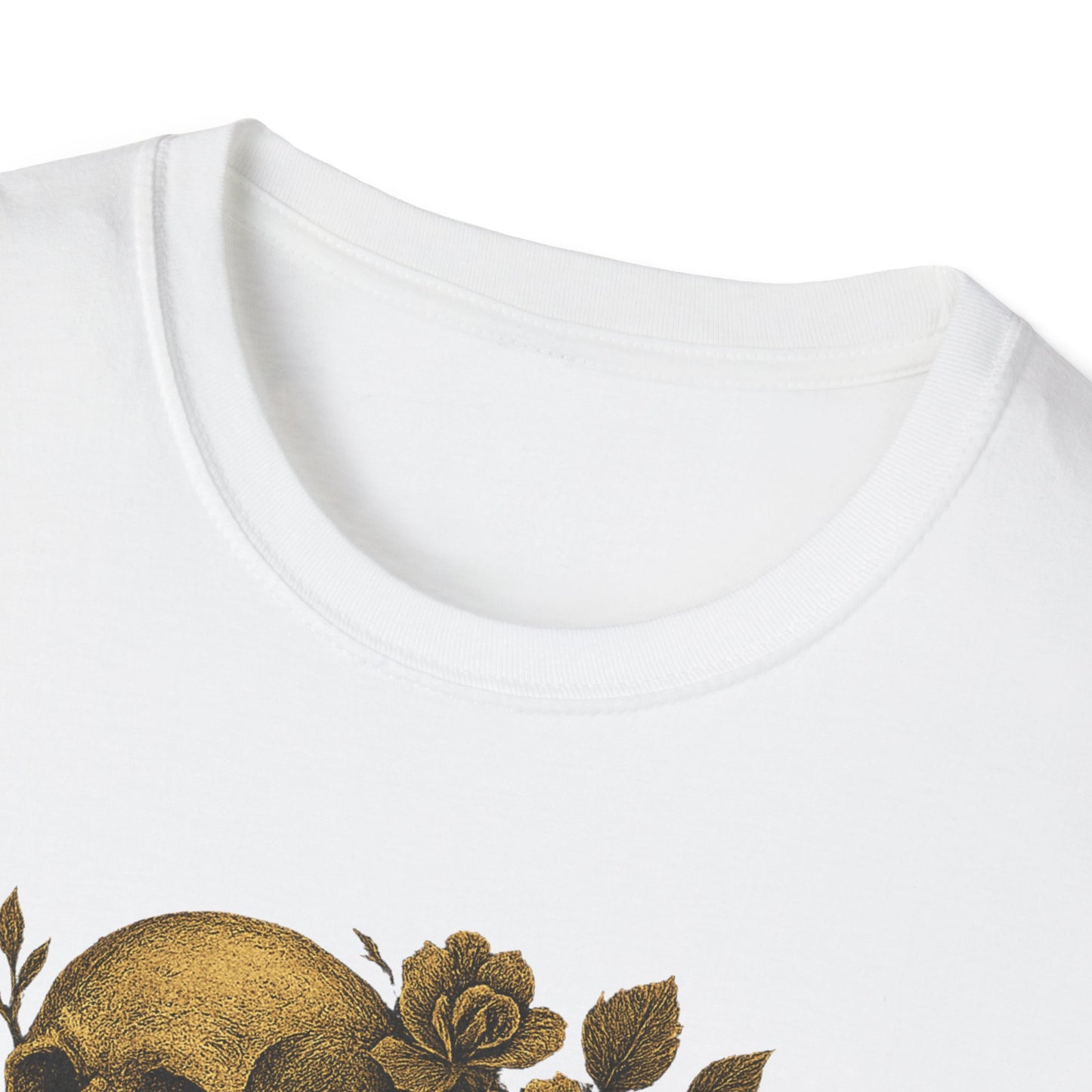 White crew neck Printify tee with gold floral skull design eternal love skull t-shirt