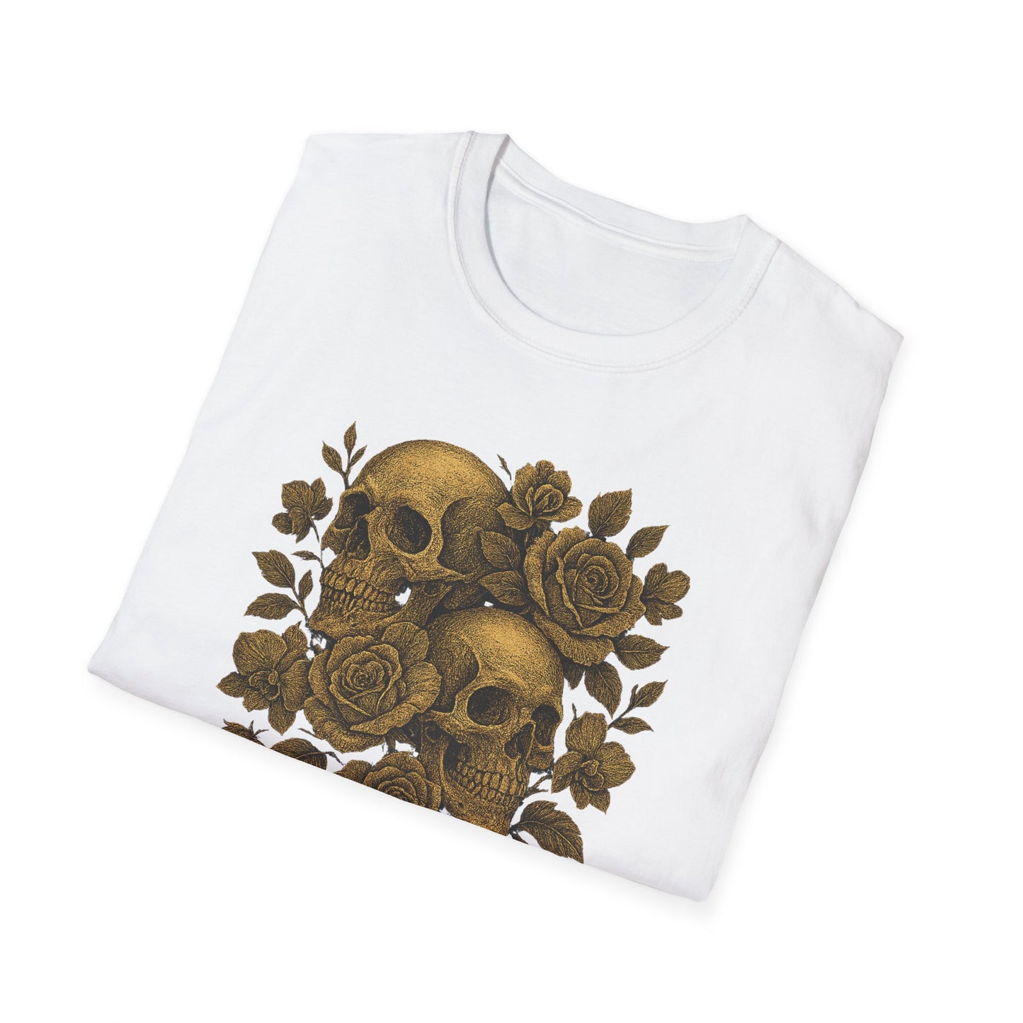 Printify white folded T shirt featuring gold skulls and roses graphic design for gothic style eternal love skull t-shirt