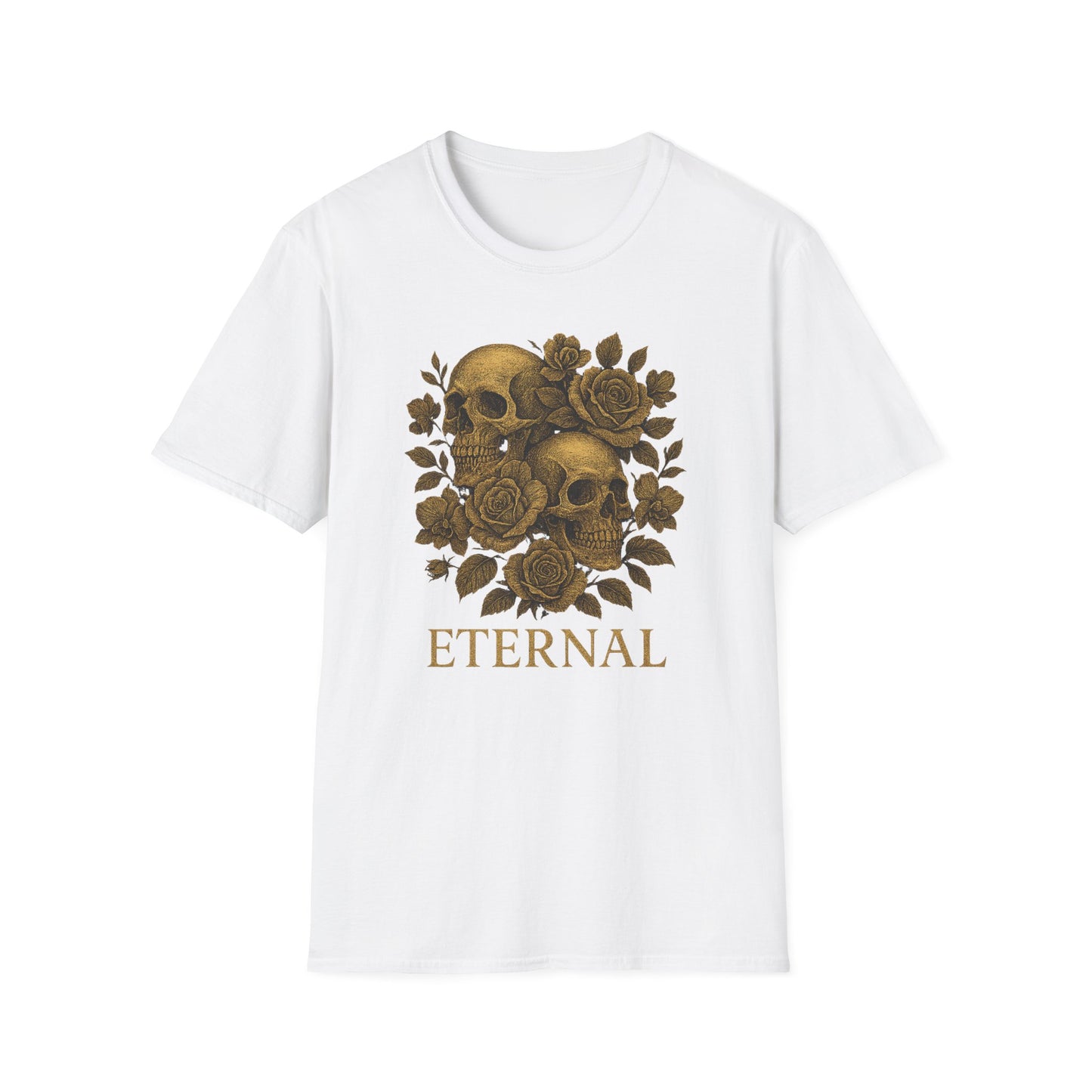 Printify white t shirt with gold skulls roses and ETERNAL lettering on front eternal love skull t-shirt