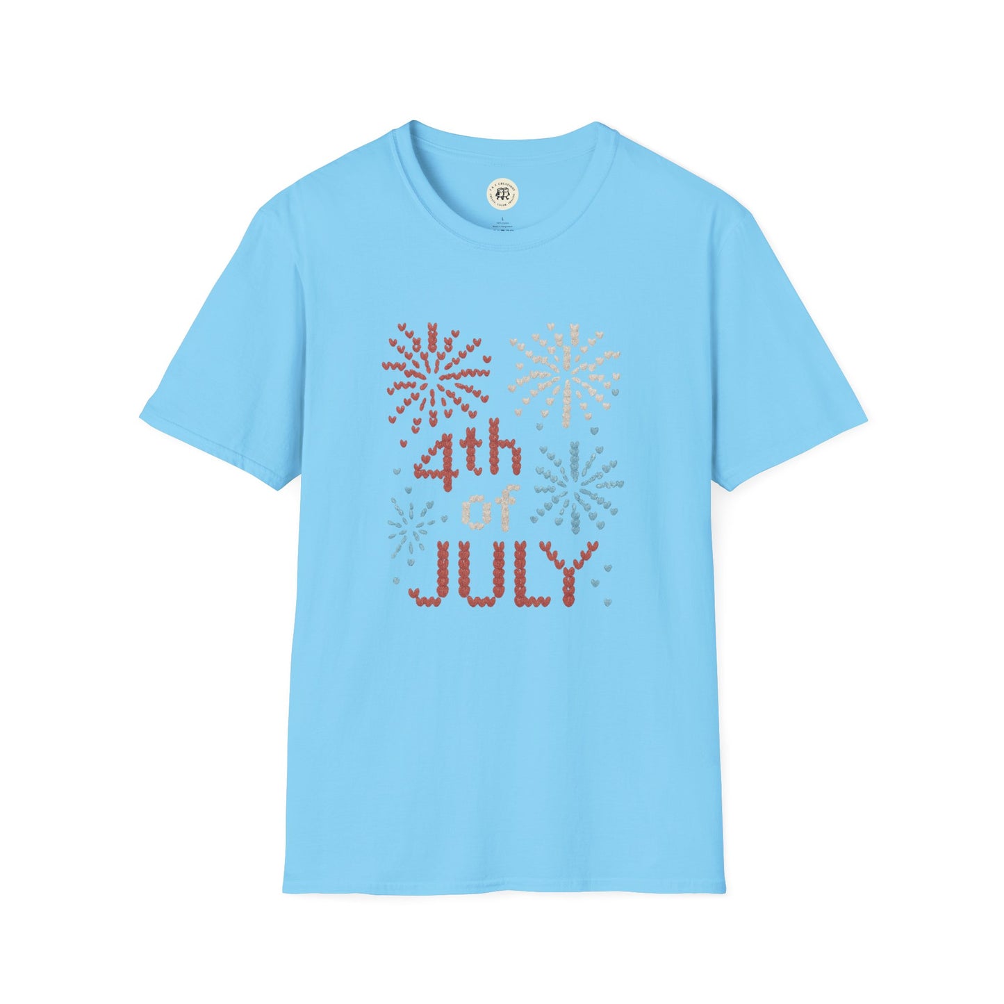 Light blue 4th of July fireworks t-shirt with red white and blue firework design by Printify
