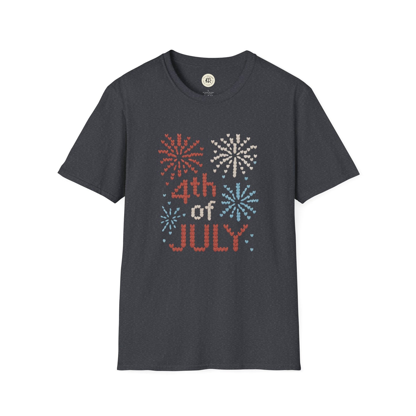 Printify 4th of July fireworks t-shirt in dark gray with red white and blue fireworks graphic