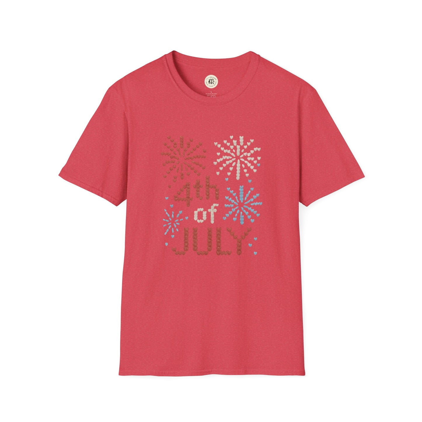 Printify red 4th of July fireworks t-shirt with colorful pixel fireworks design