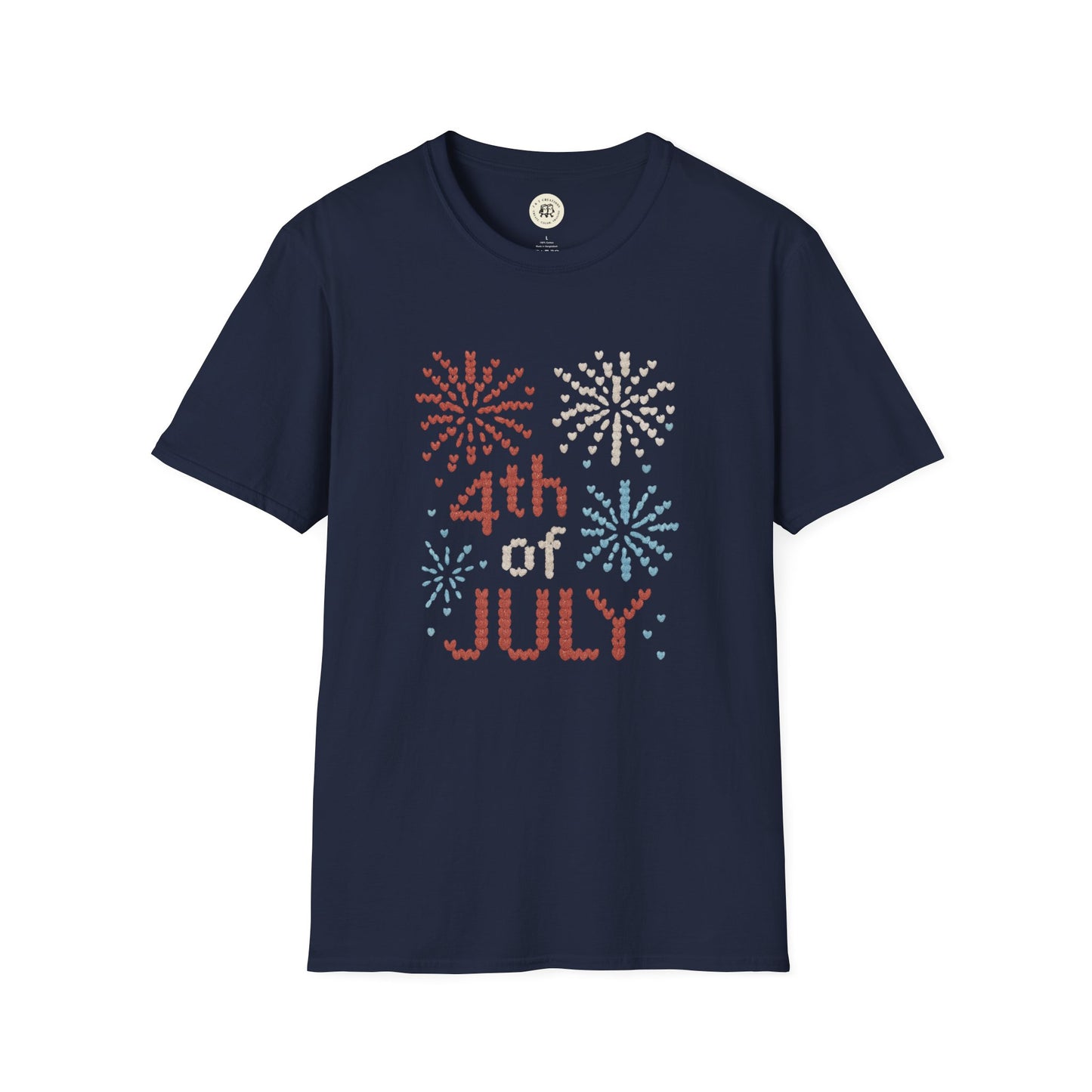 Navy Printify 4th of July fireworks t-shirt with red white and blue firework design