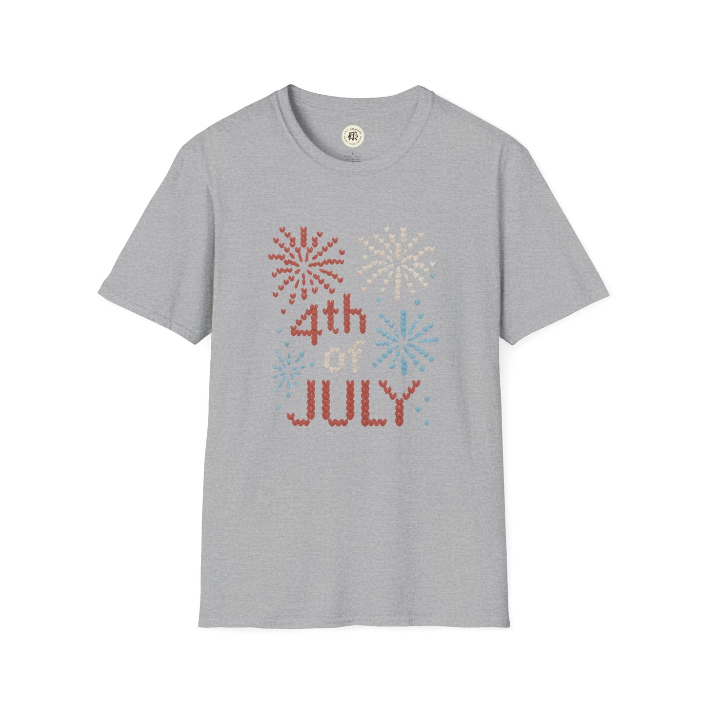 Printify gray 4th of July fireworks t-shirt with red, white, and blue firework design