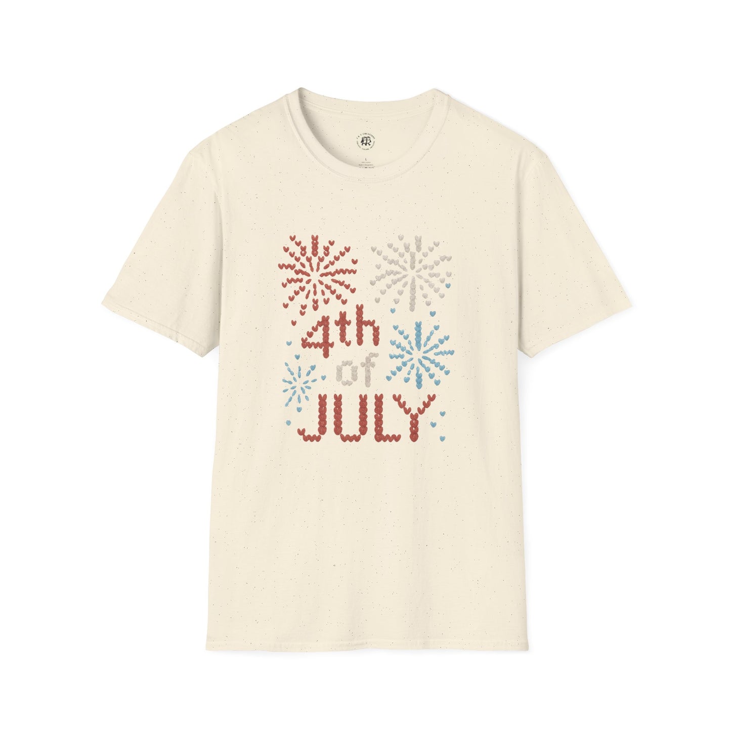 Printify 4th of July fireworks t-shirt with red white and blue fireworks design on cream fabric