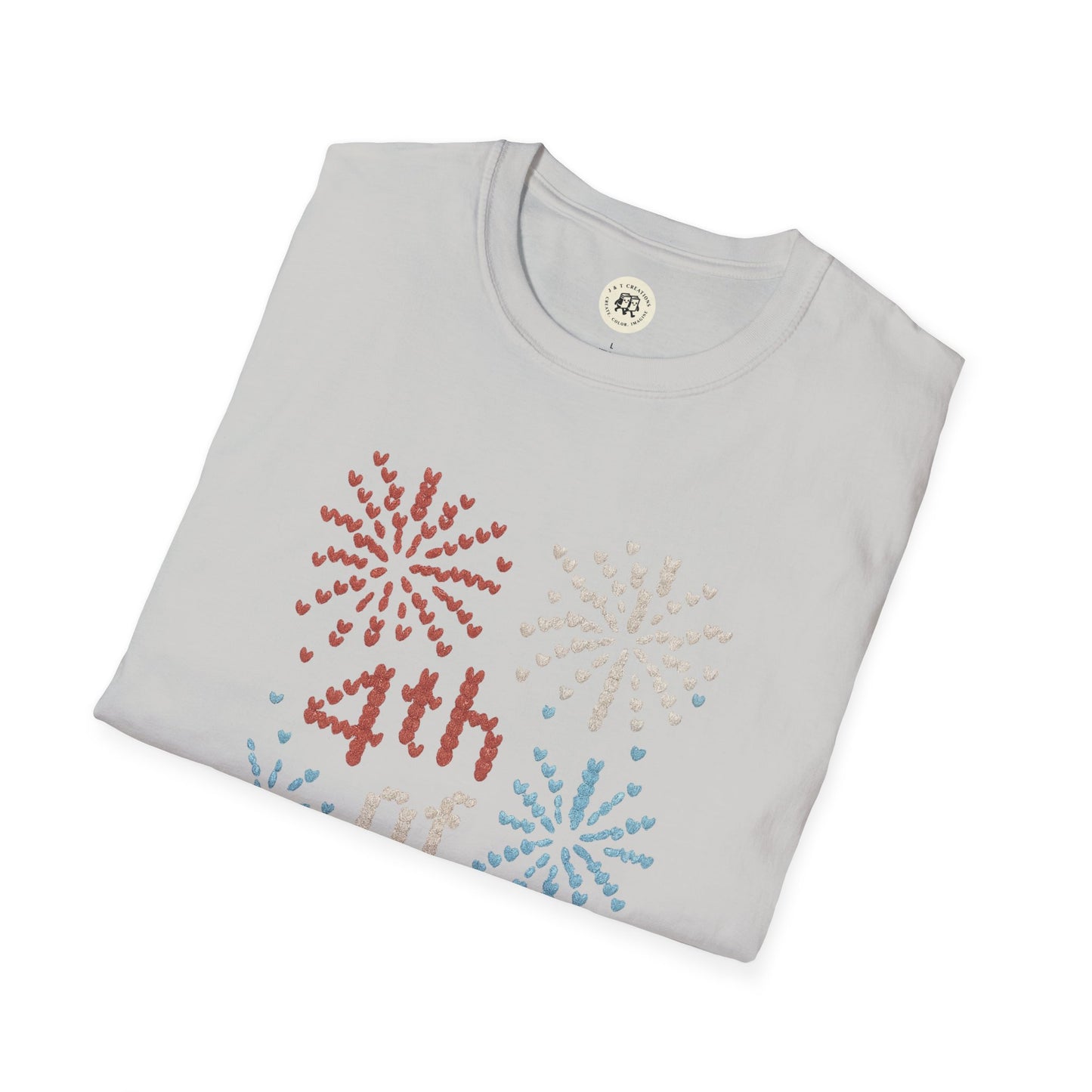 Printify 4th of July fireworks t-shirt with red white and blue firework design on light gray fabric