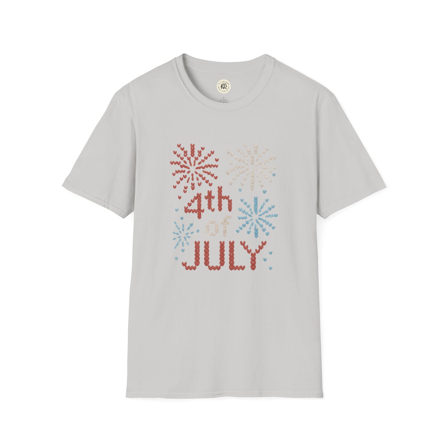 Printify light gray 4th of July fireworks t-shirt with red white and blue firework design