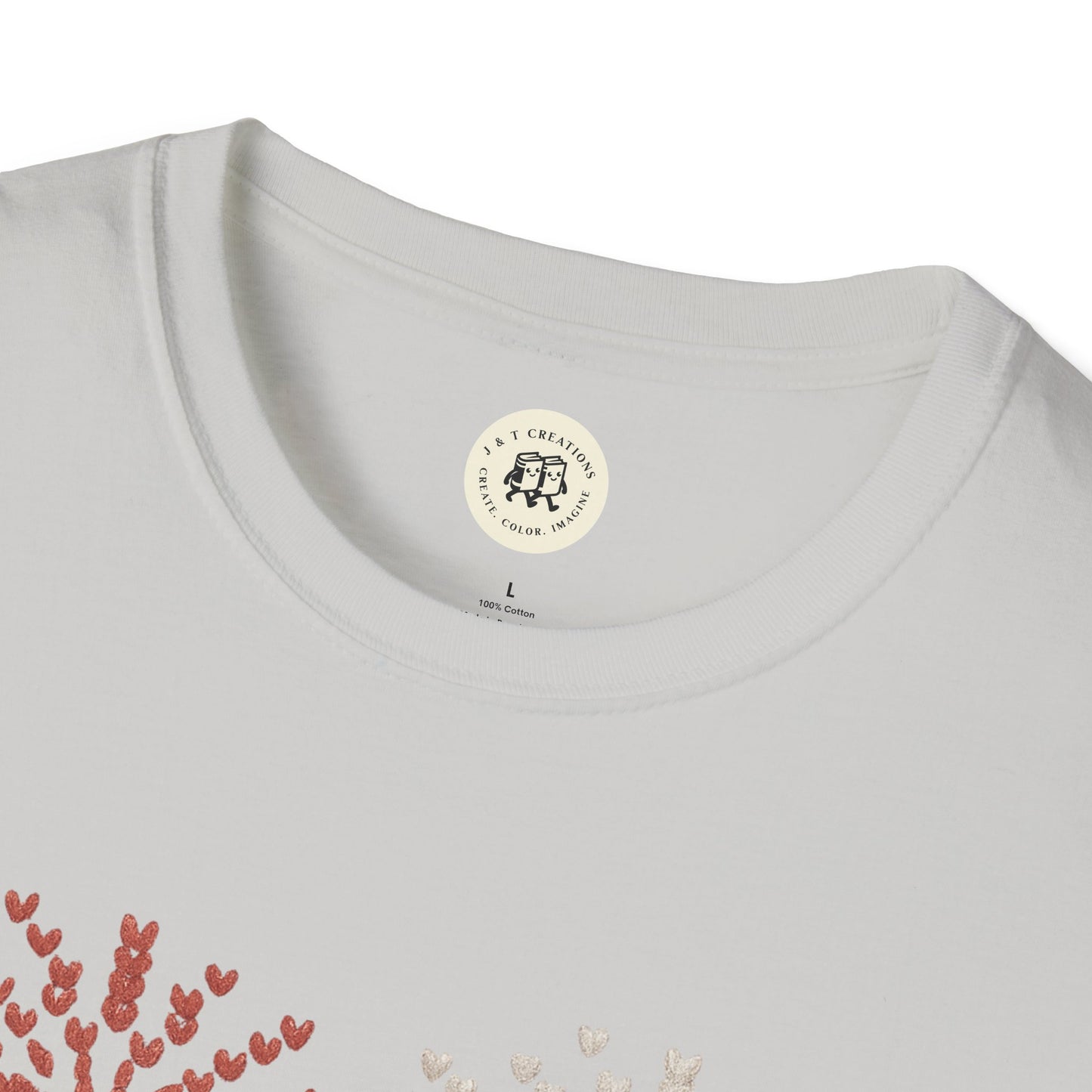Printify white 4th of July fireworks t-shirt with heart-shaped firework design and crew neck