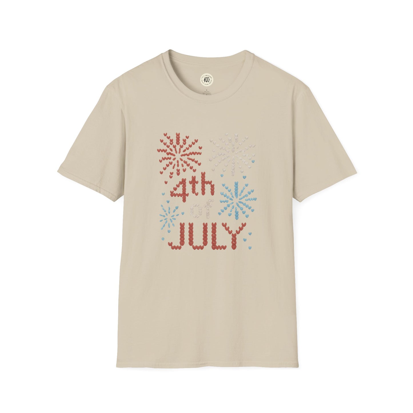 Beige 4th of July fireworks t-shirt with red white and blue fireworks graphic design