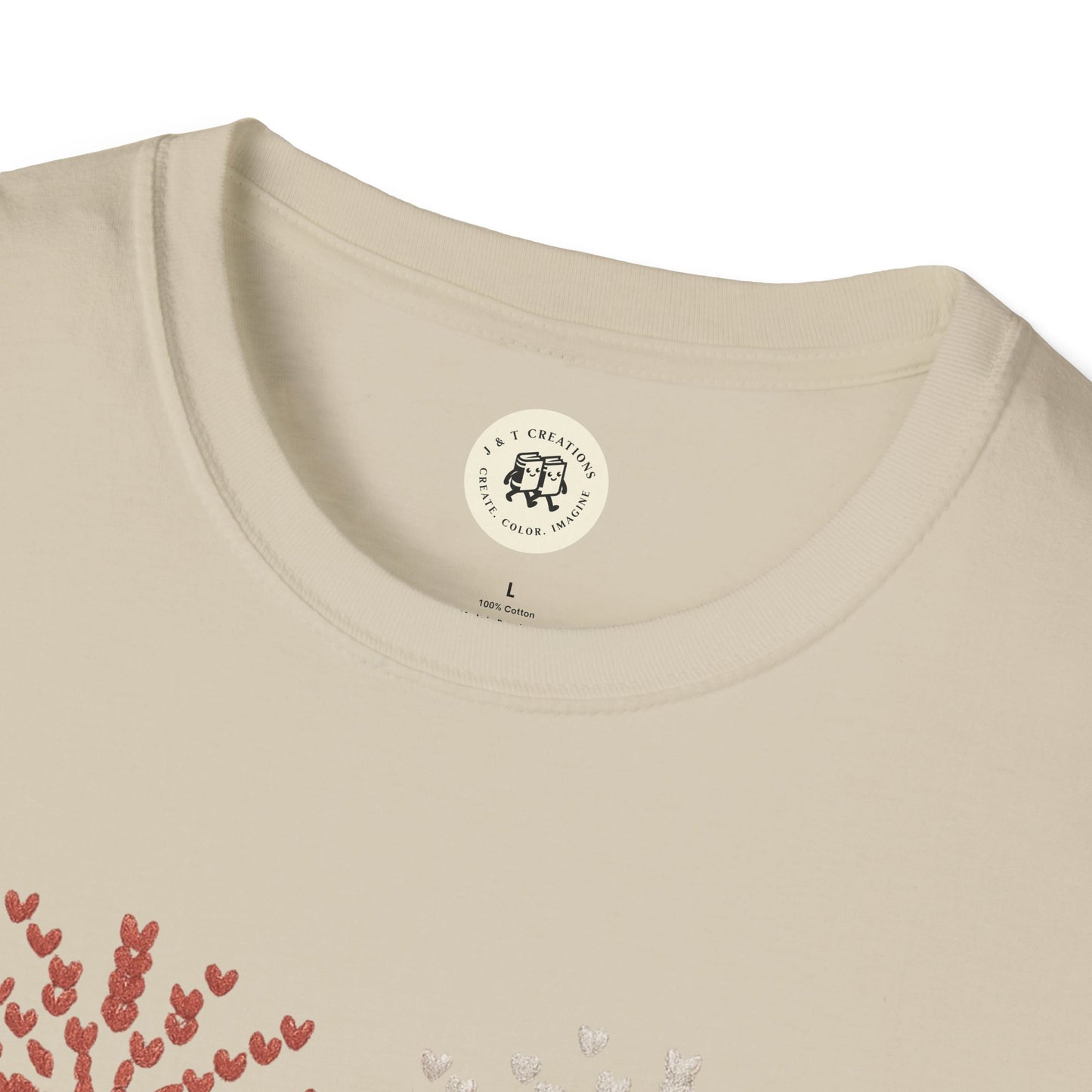 Printify beige 4th of July fireworks t-shirt with red and white heart-shaped fireworks design