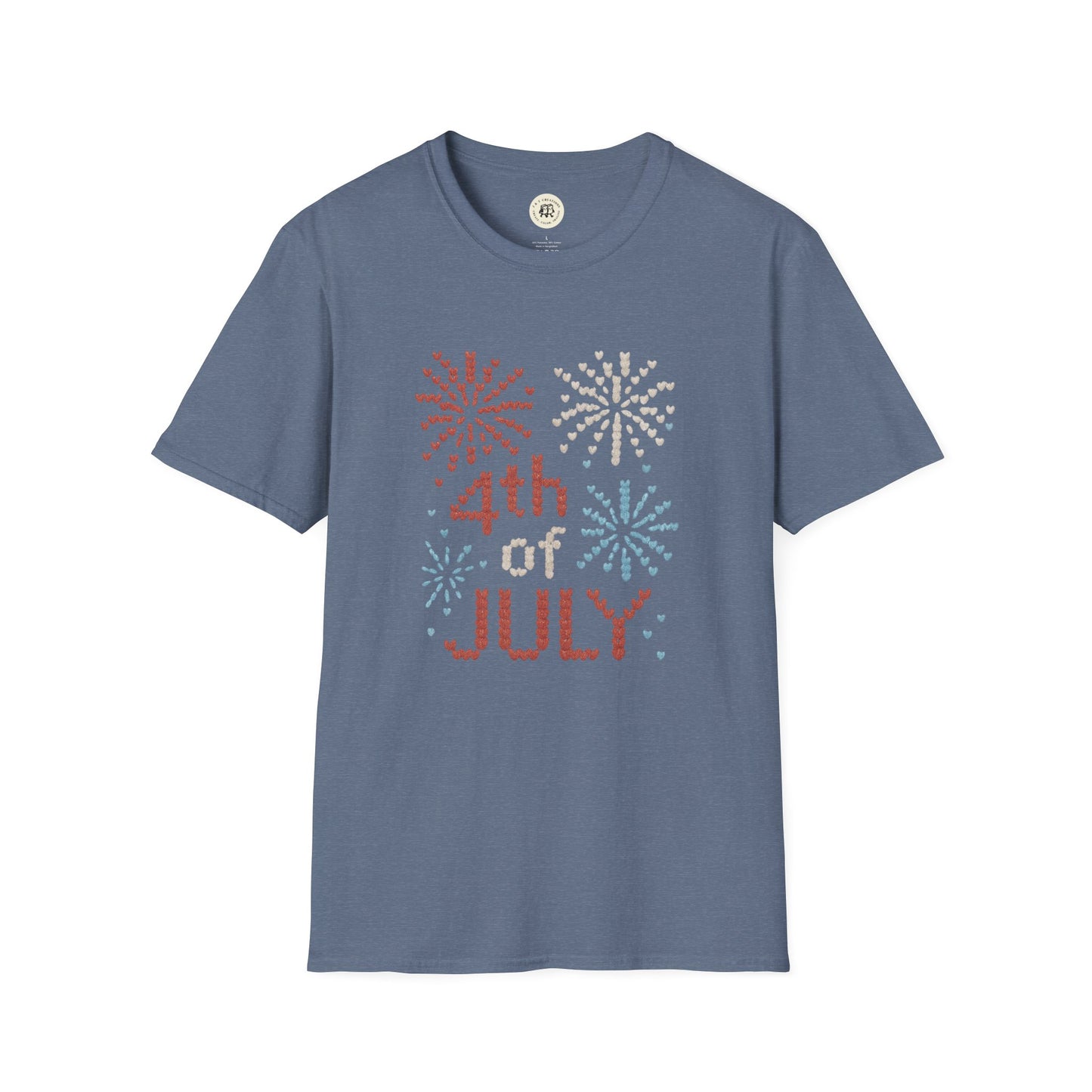 Blue Printify 4th of July fireworks t-shirt with red white and blue firework graphics on front