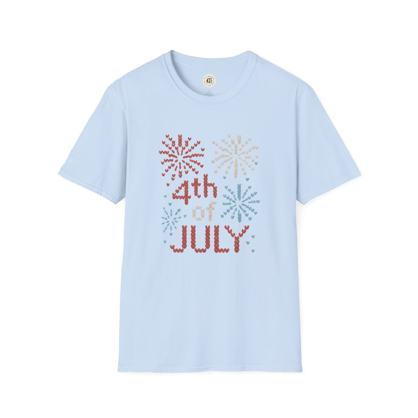 Light blue 4th of July fireworks t-shirt with red, white, and blue firework designs and text