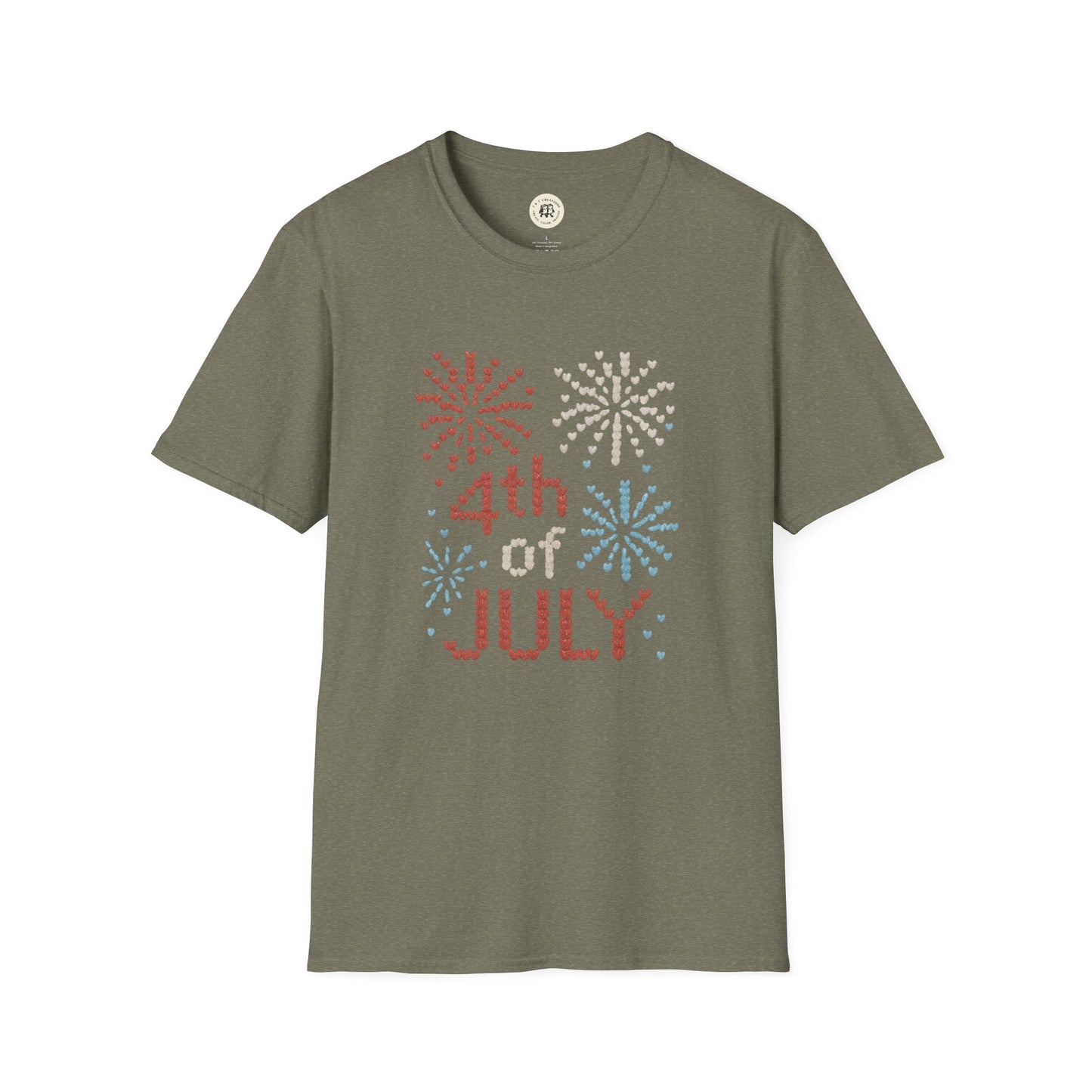 Printify 4th of July fireworks t-shirt in olive green with red white and blue pixel fireworks design
