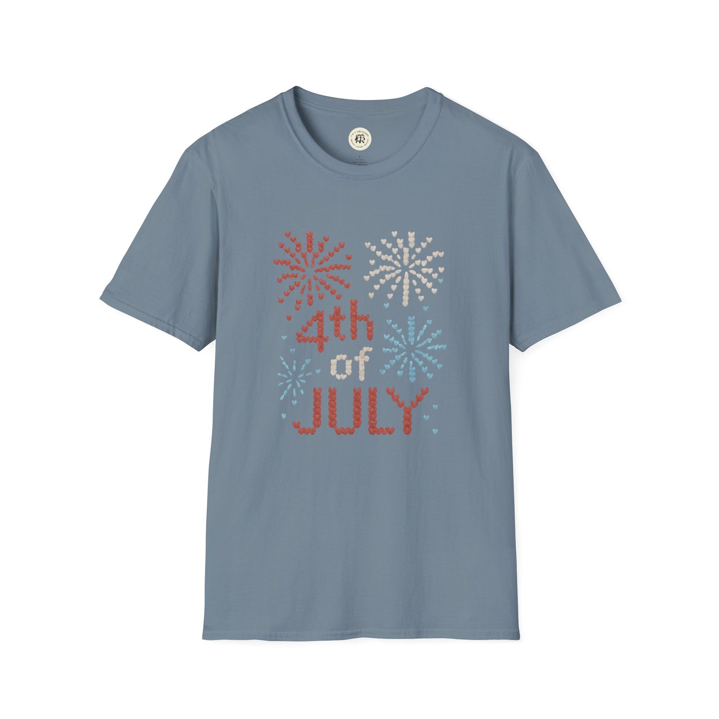 Blue Printify 4th of July fireworks t-shirt with red white and blue firework design