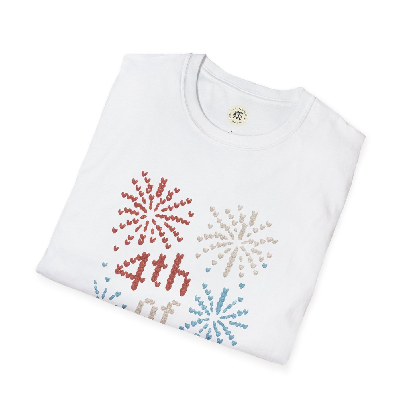 White 4th of July fireworks t-shirt with colorful firework heart designs folded neatly