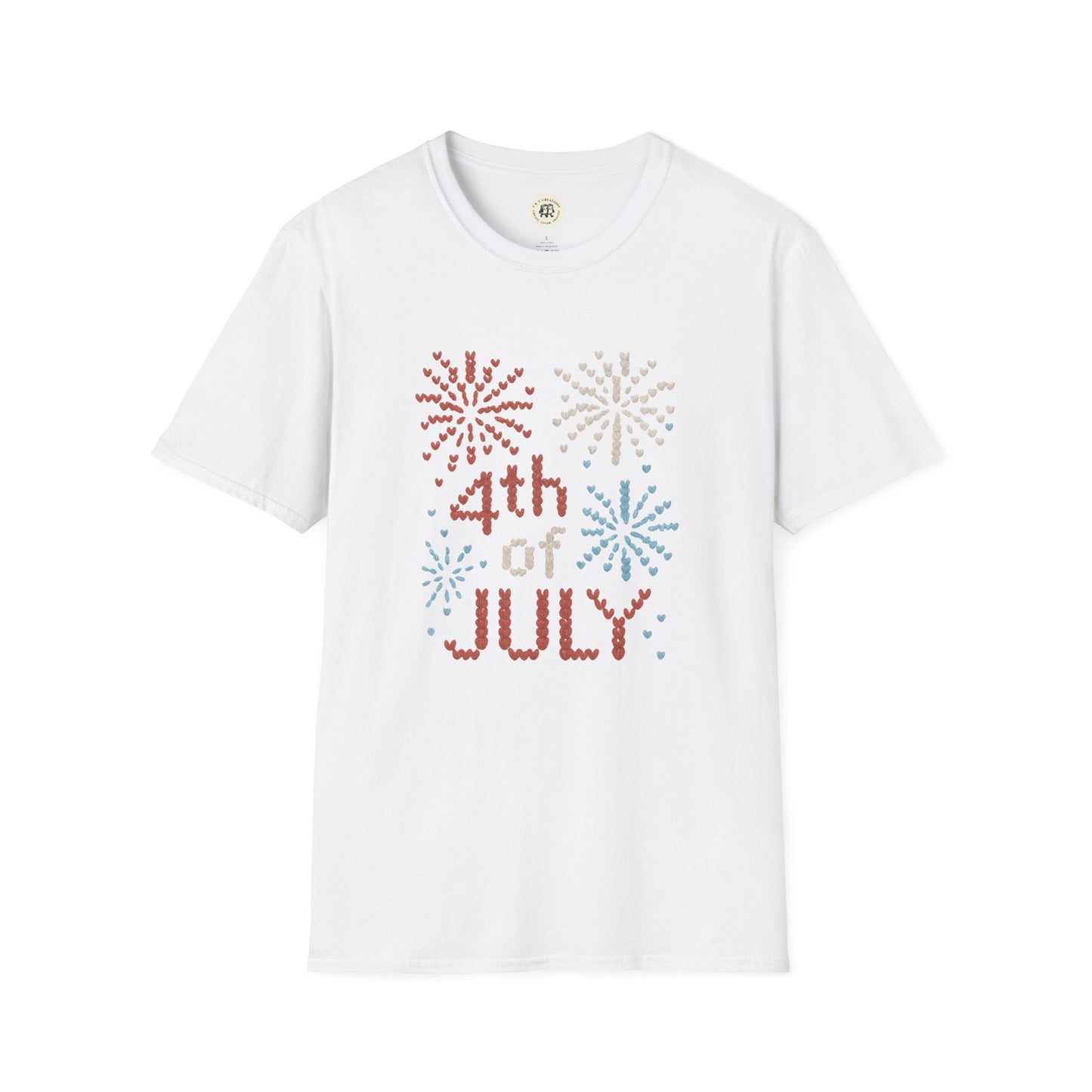 White Printify 4th of July fireworks t-shirt with red white and blue firework designs