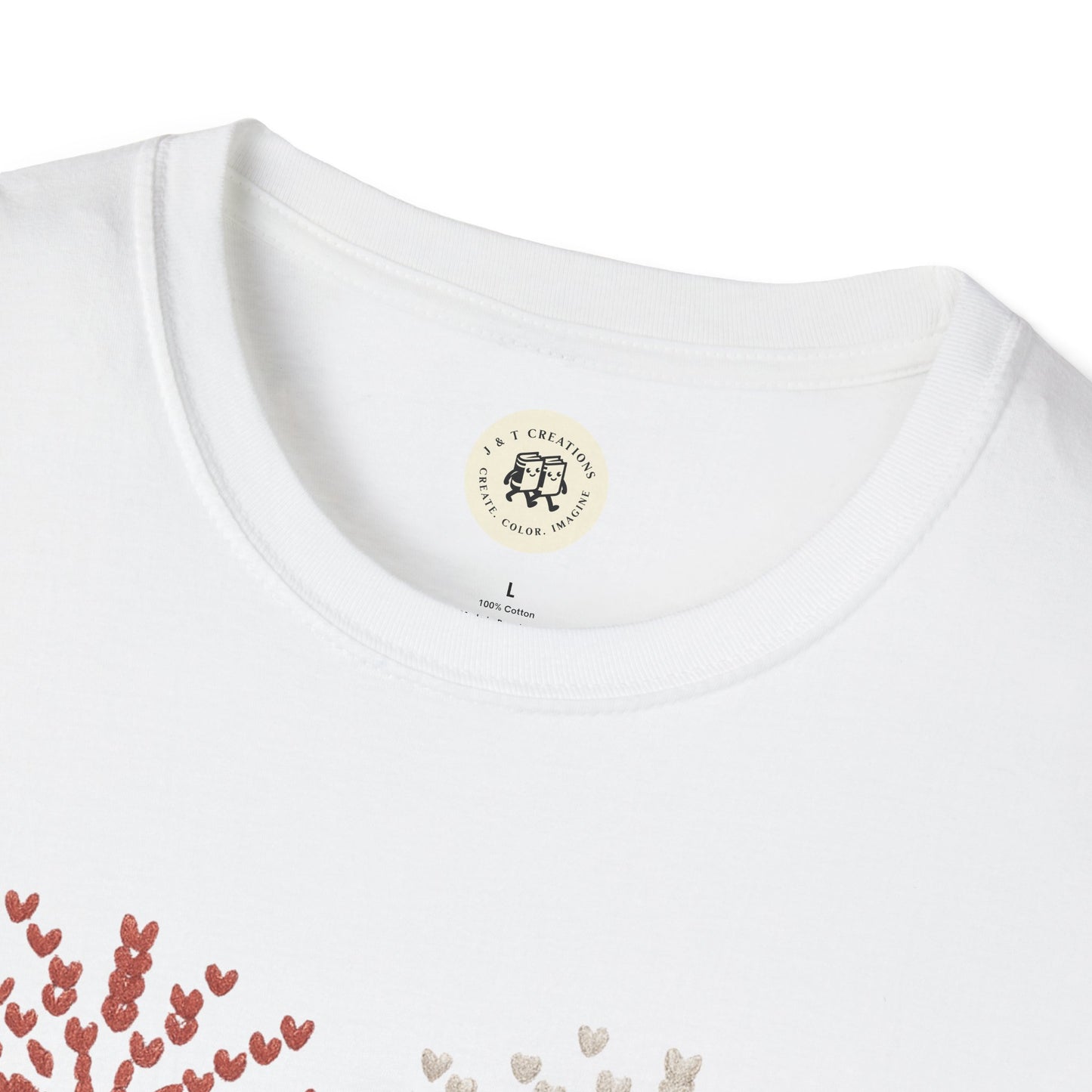 Close-up of white Printify 4th of July fireworks t-shirt collar and heart-shaped fireworks print