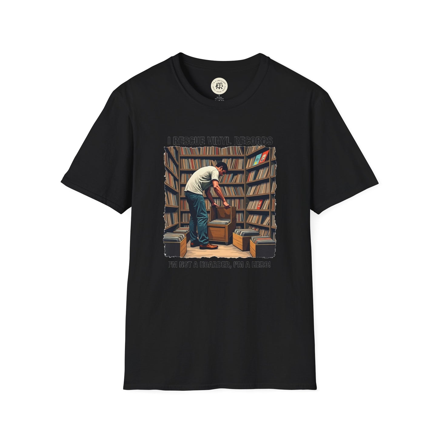 Black Printify T-shirt featuring a record collector artwork perfect as a music lover gift shirt