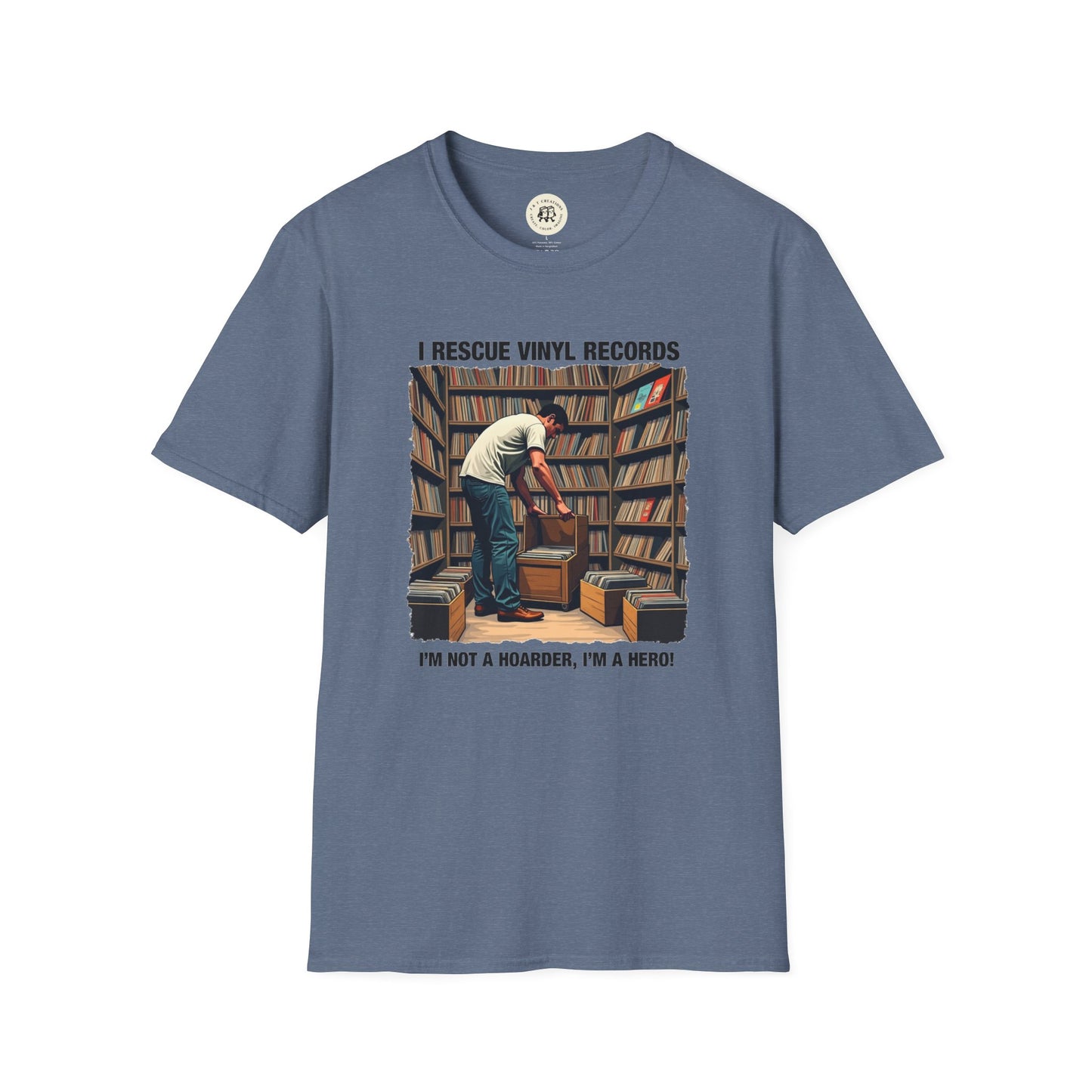 Printify music lover gift shirt featuring vinyl record rescue design on a blue t shirt