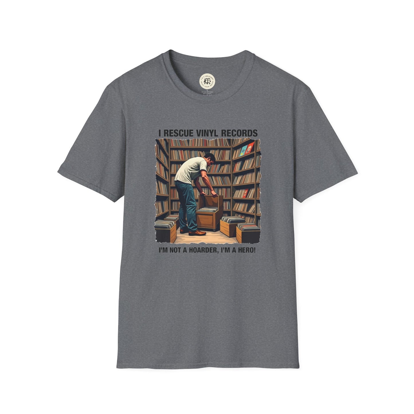 Gray music lover gift shirt with vintage vinyl records rescue design from Printify
