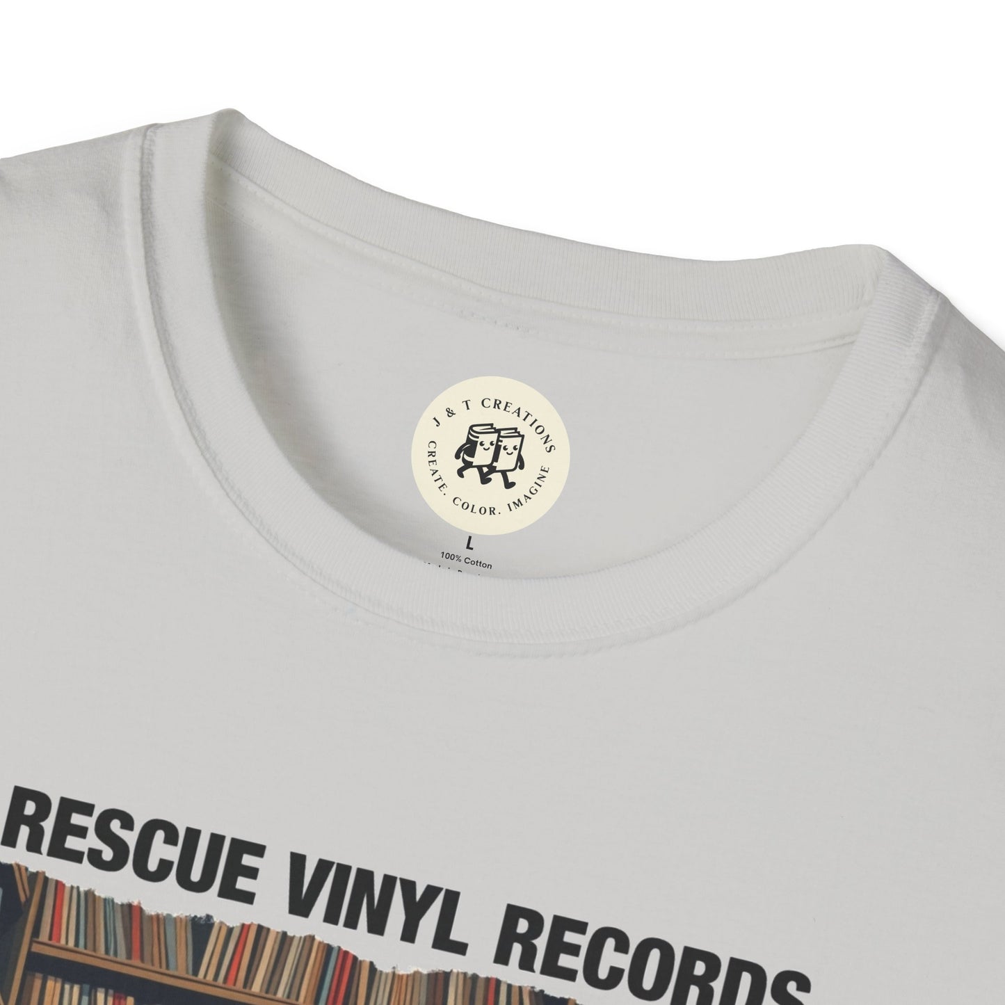 Printify white music lover gift shirt with rescue vinyl records graphic and round neckline