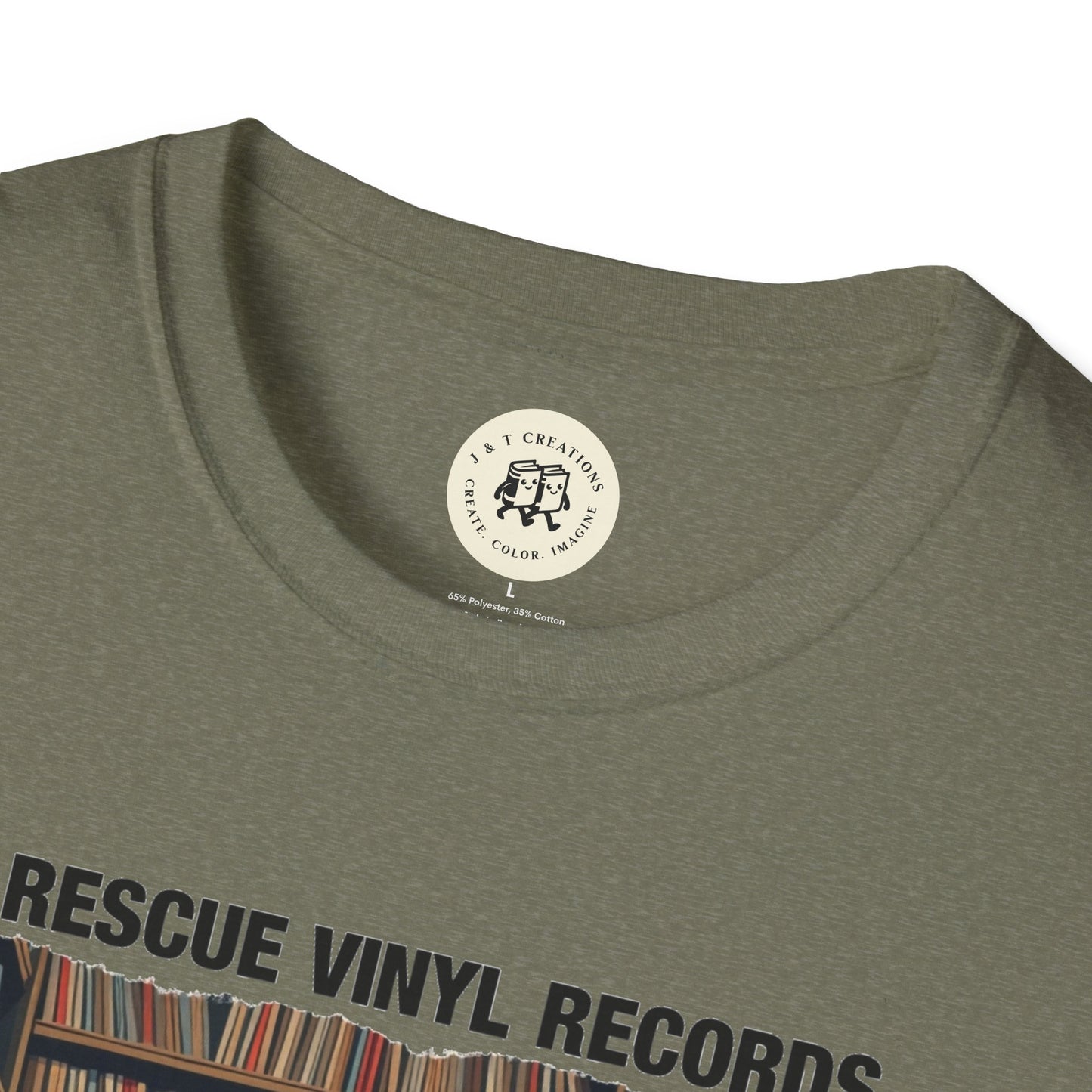 Printify music lover gift shirt with rescue vinyl records design and olive green fabric