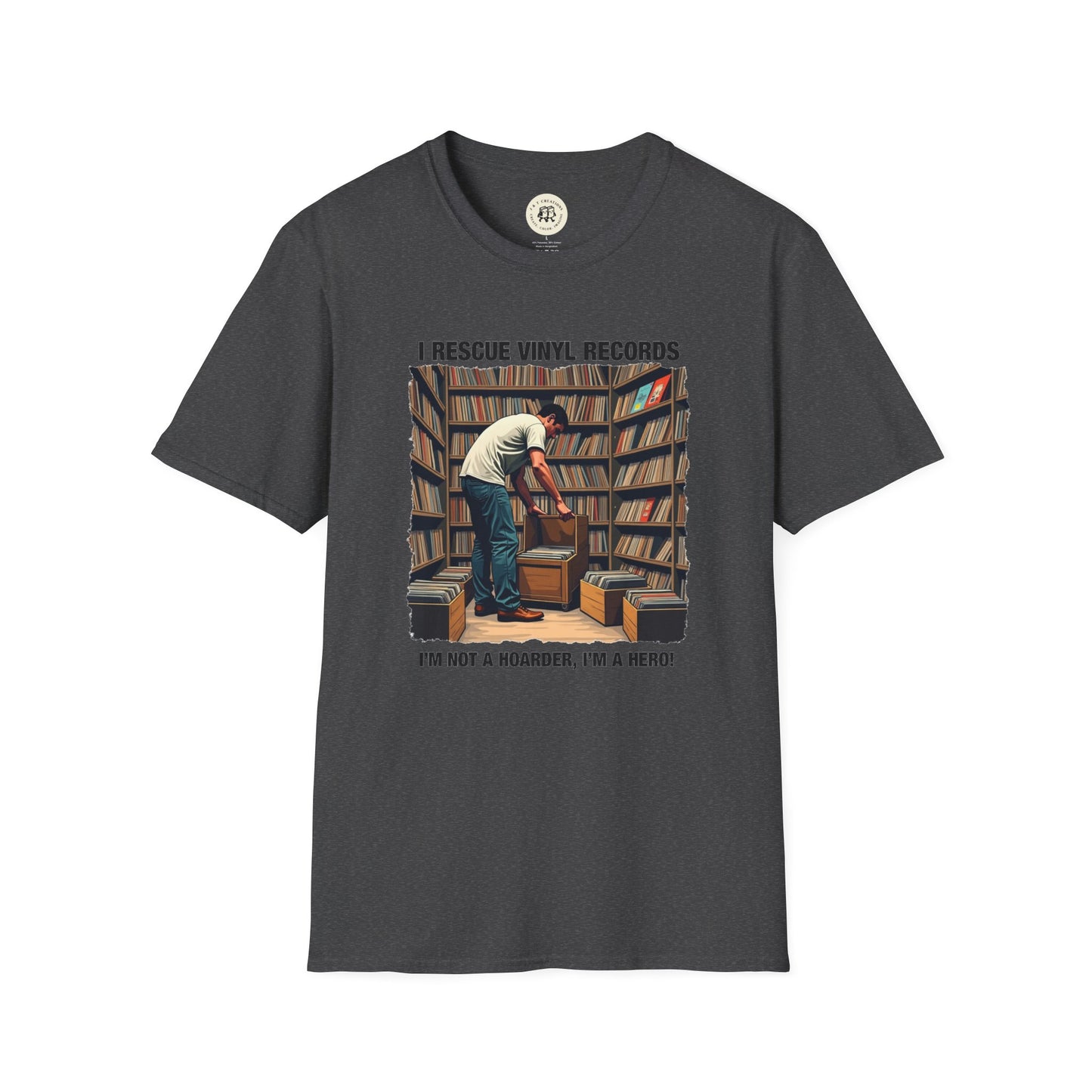 Printify black t-shirt music lover gift shirt with vinyl records rescue graphic design
